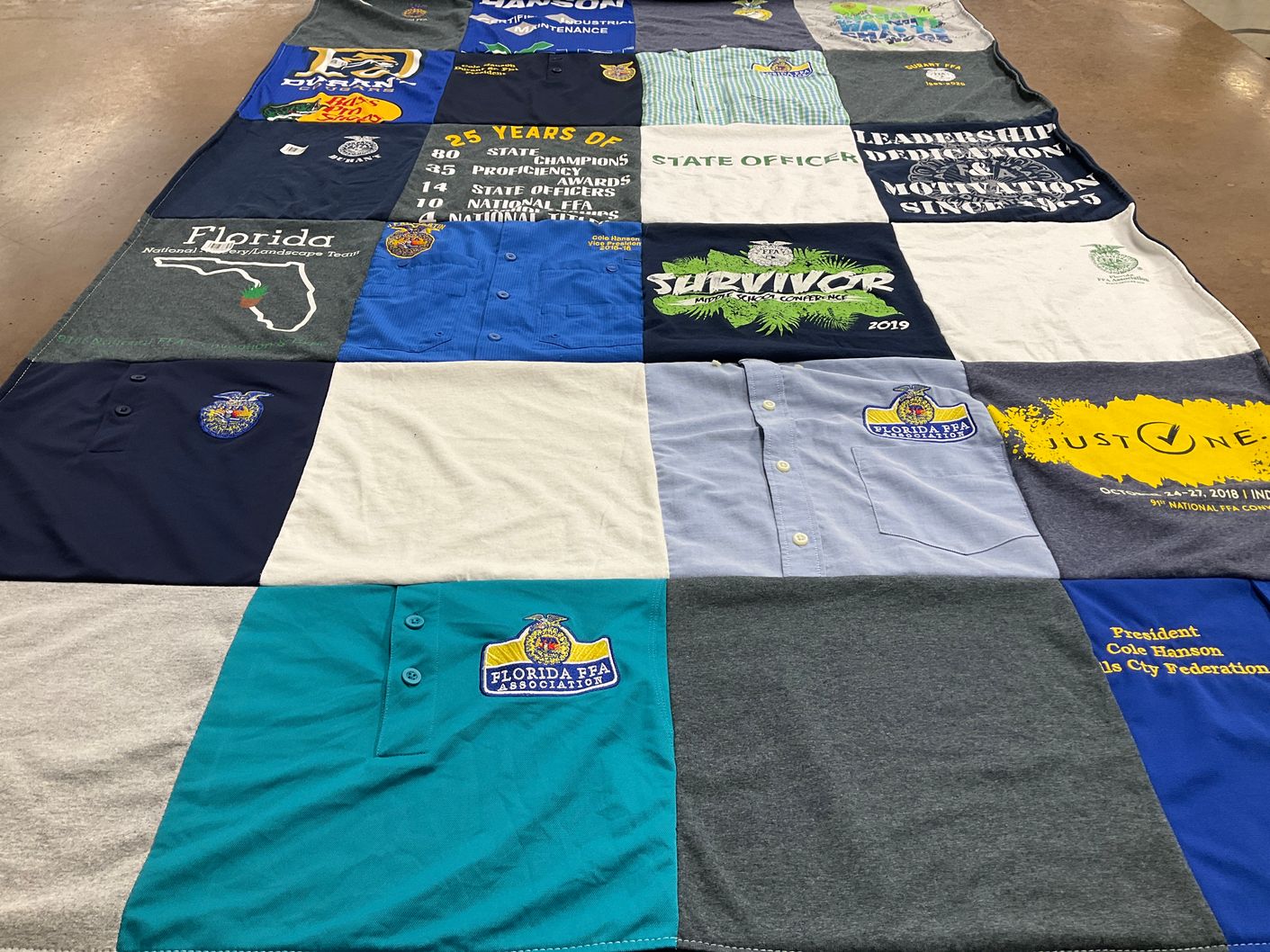 T-shirt quilt with agriculture, landscaping themes by Julie from FL