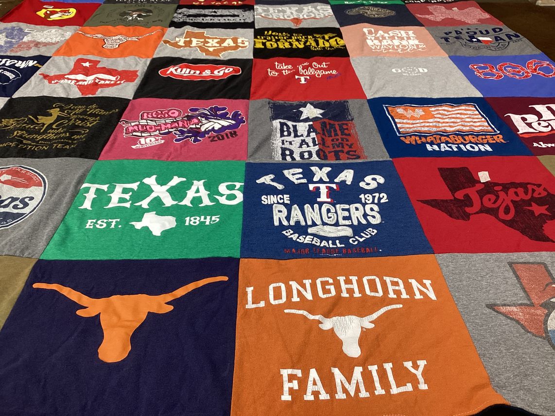 T-shirt quilt featuring texas rangers, university of texas longhorns by Justin from TX