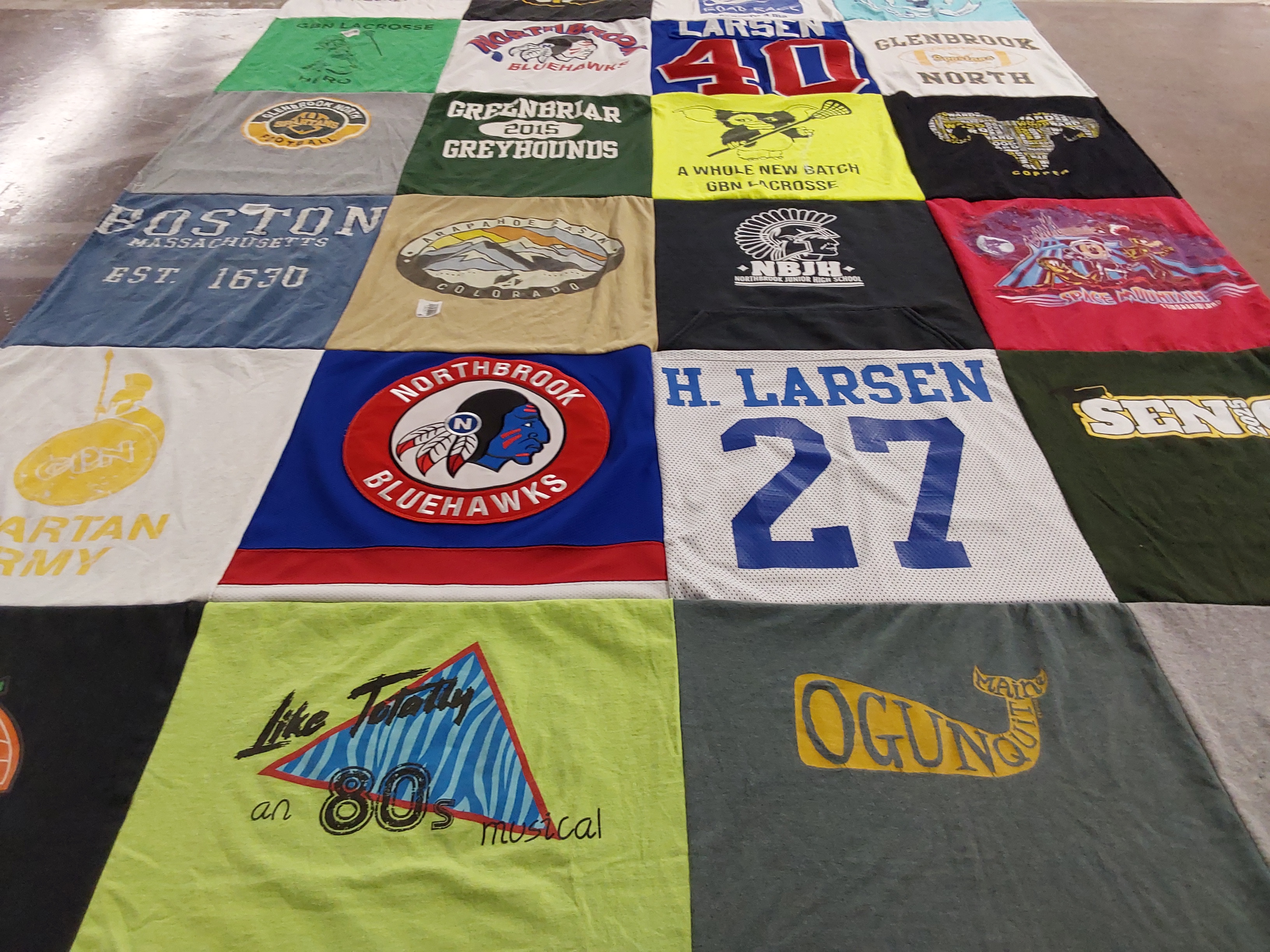 T-shirt quilt featuring northbrook bluehawks, greenbriar greyhounds by Sarah from IL