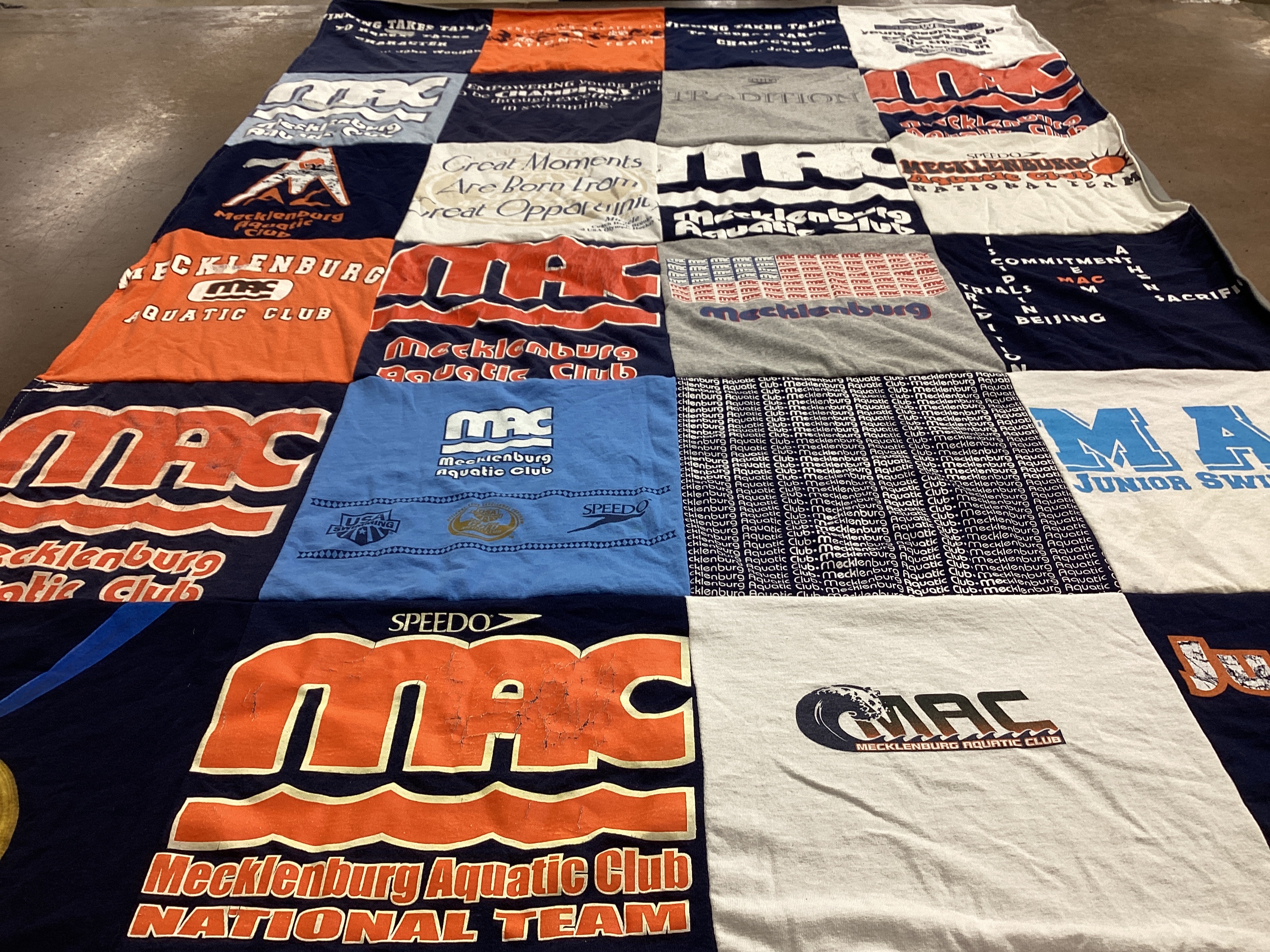 T-shirt quilt with swimming, aquatics themes by Sara from NC