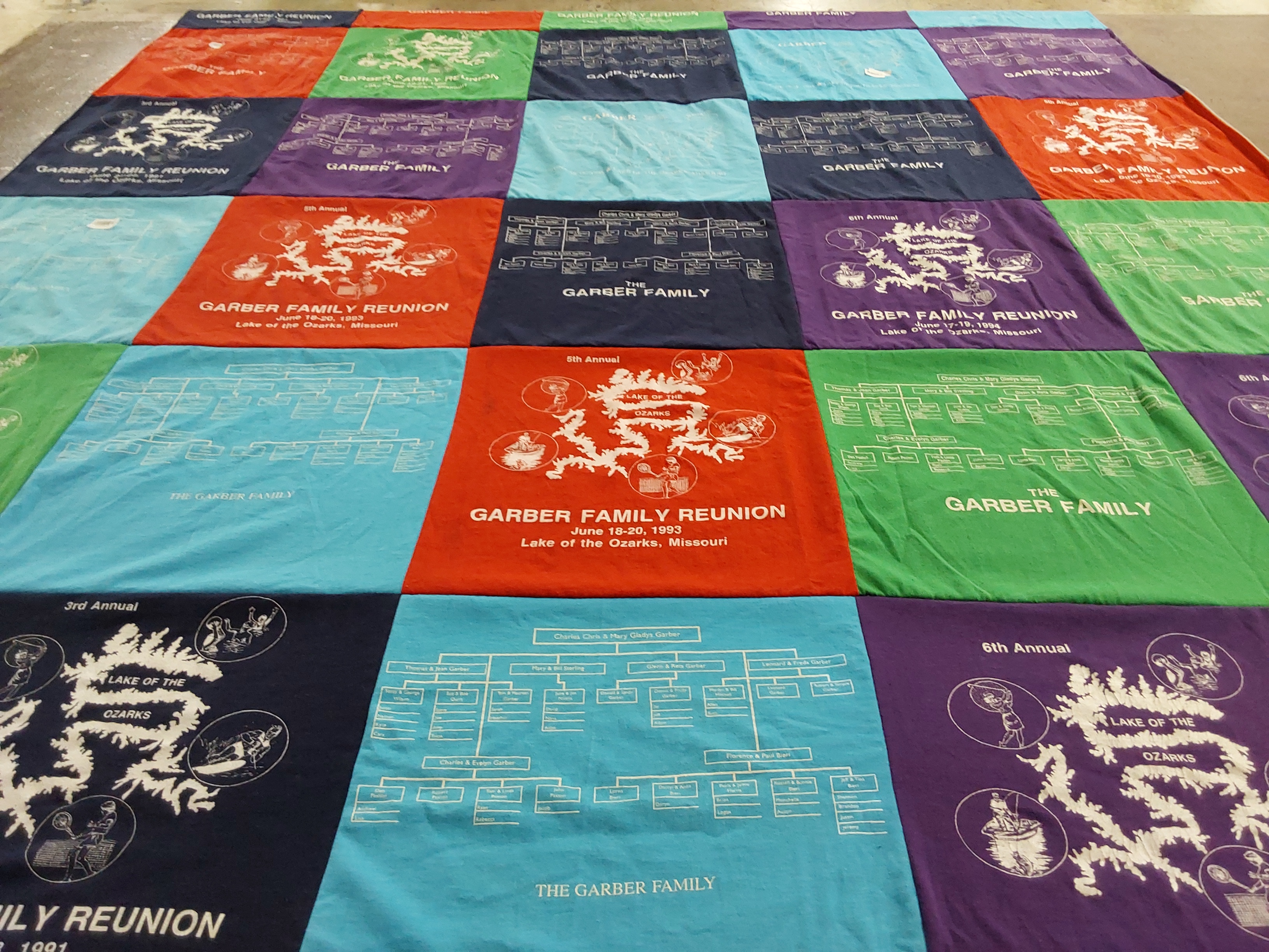 T-shirt quilt with family gatherings, genealogy themes by Sandra from IL