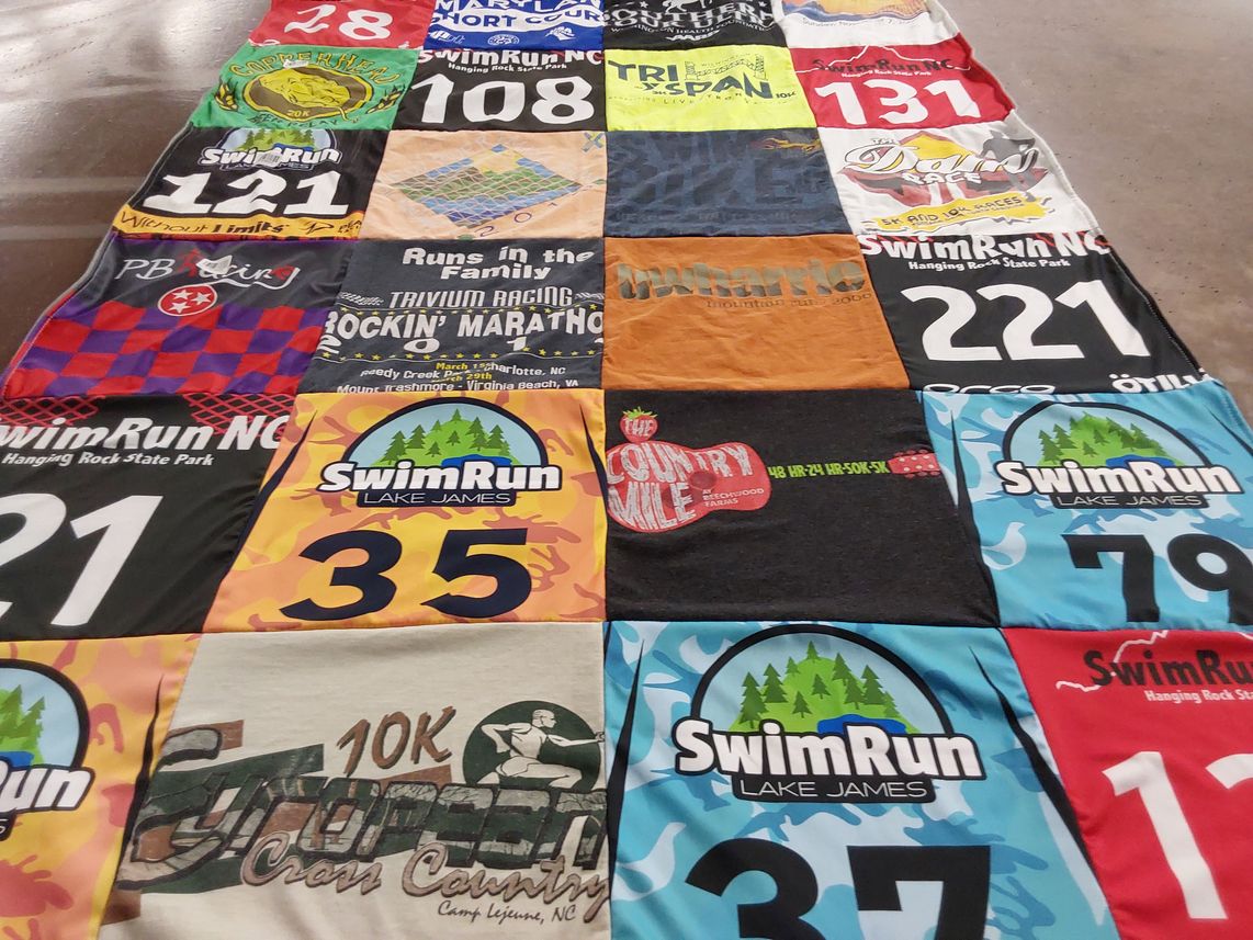T-shirt quilt with running, marathons themes by Karen from NC