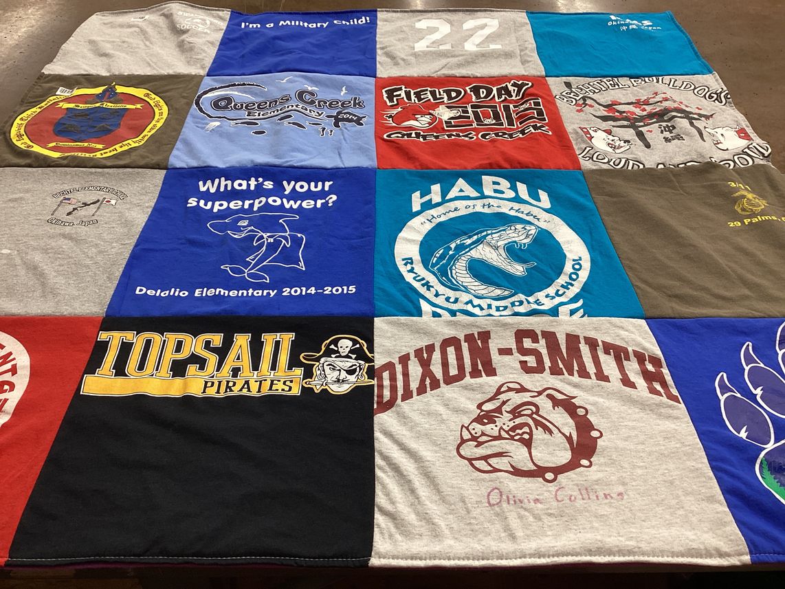 T-shirt quilt featuring topsail pirates, dixon-smith bulldogs by Tina from NC