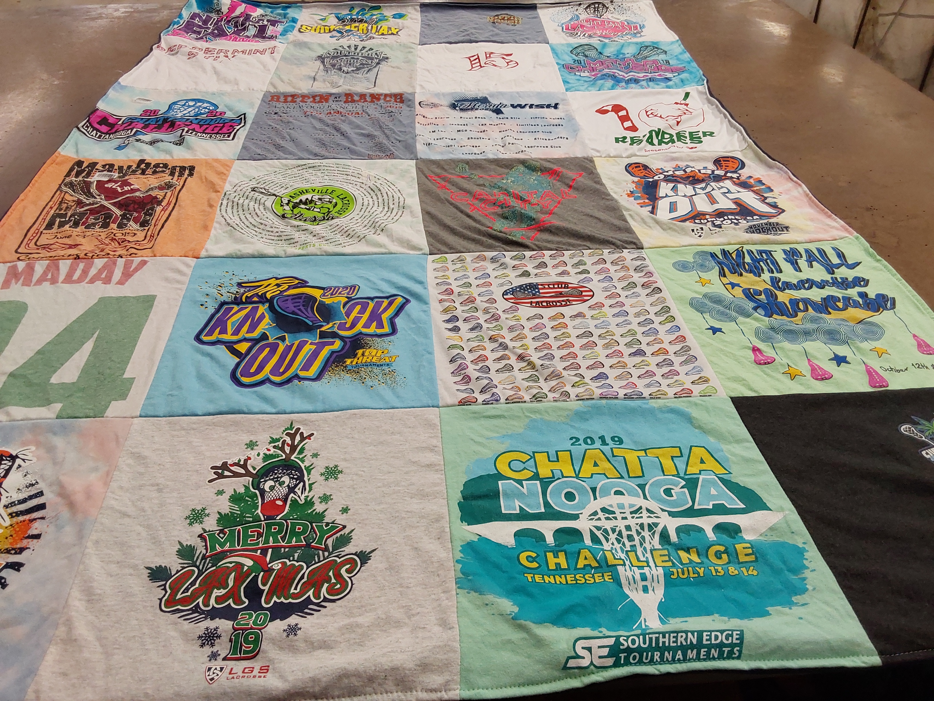 T-shirt quilt with lacrosse, sports themes by Monica from GA