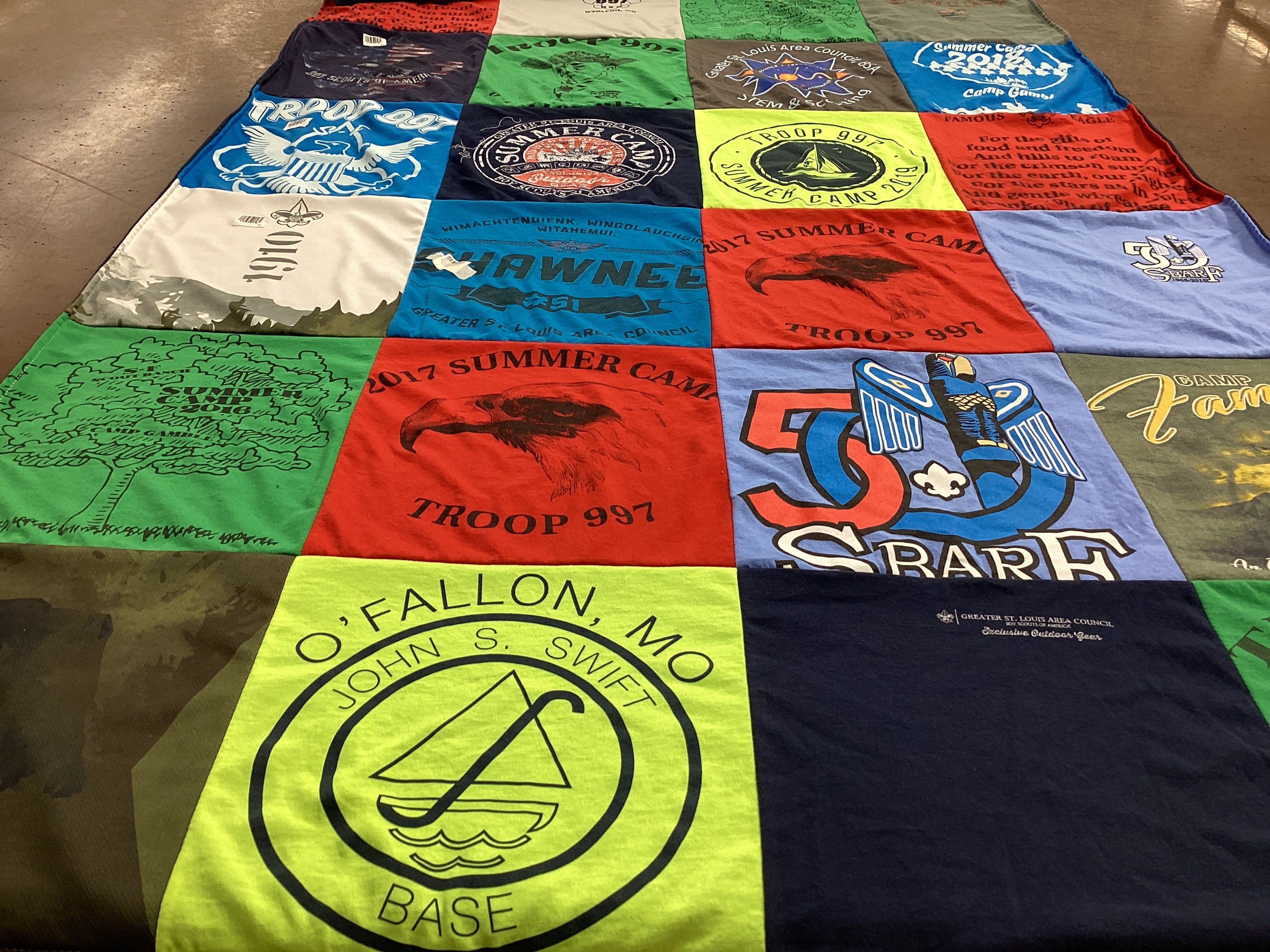 T-shirt quilt with scouting, outdoor activities themes by Peggy from MO