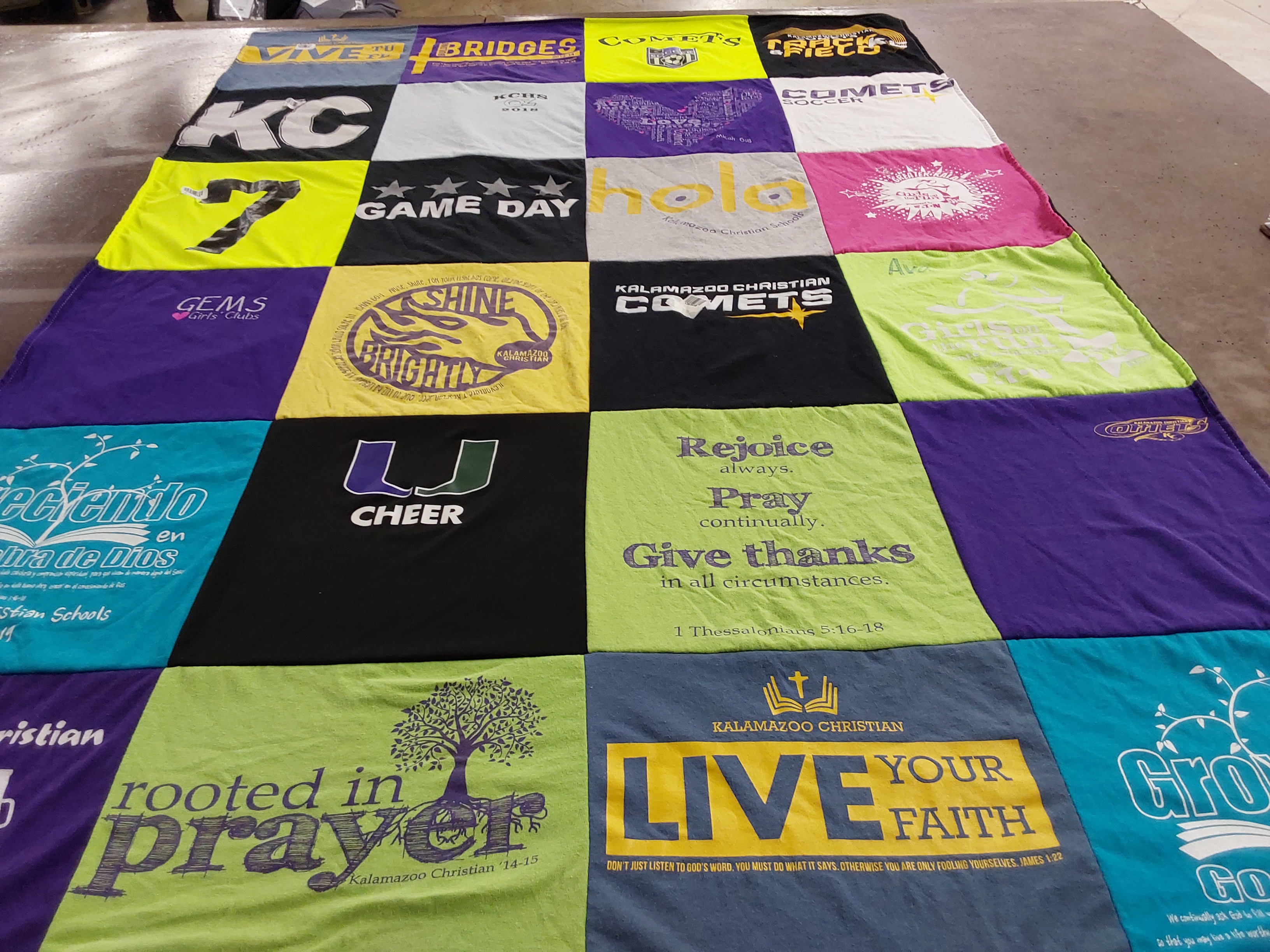 T-shirt quilt featuring kalamazoo christian comets by Heather from MI