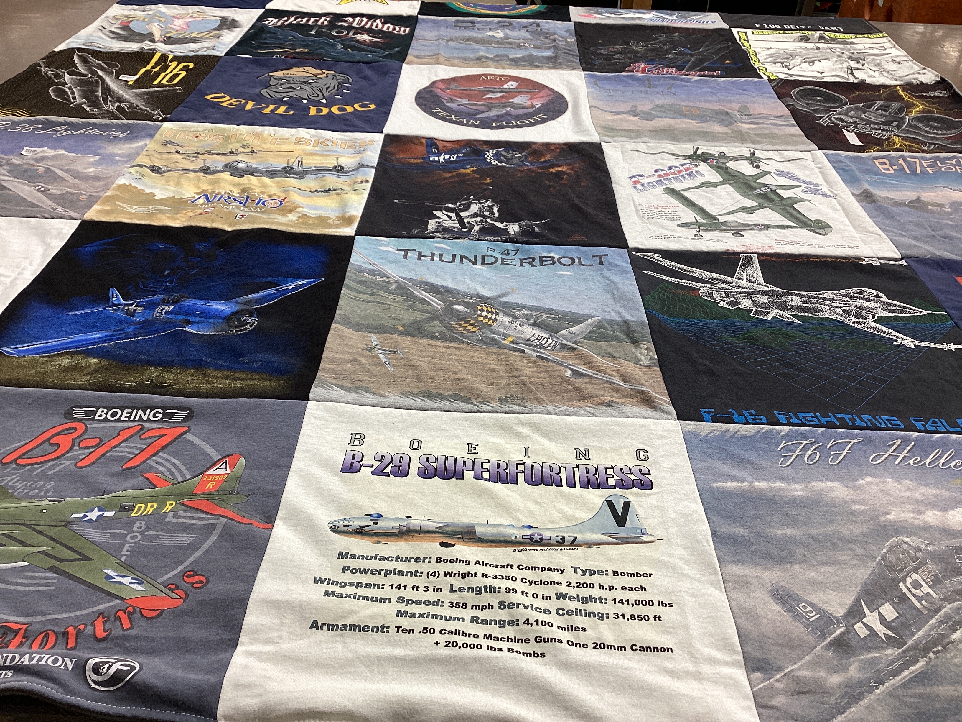 T-shirt quilt with aviation, military history themes by Rhonda from TX