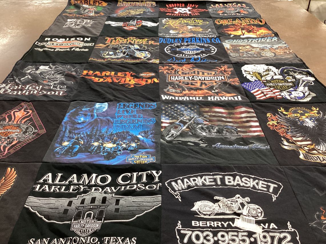 T-shirt quilt with motorcycles, biking themes by Amber from VA