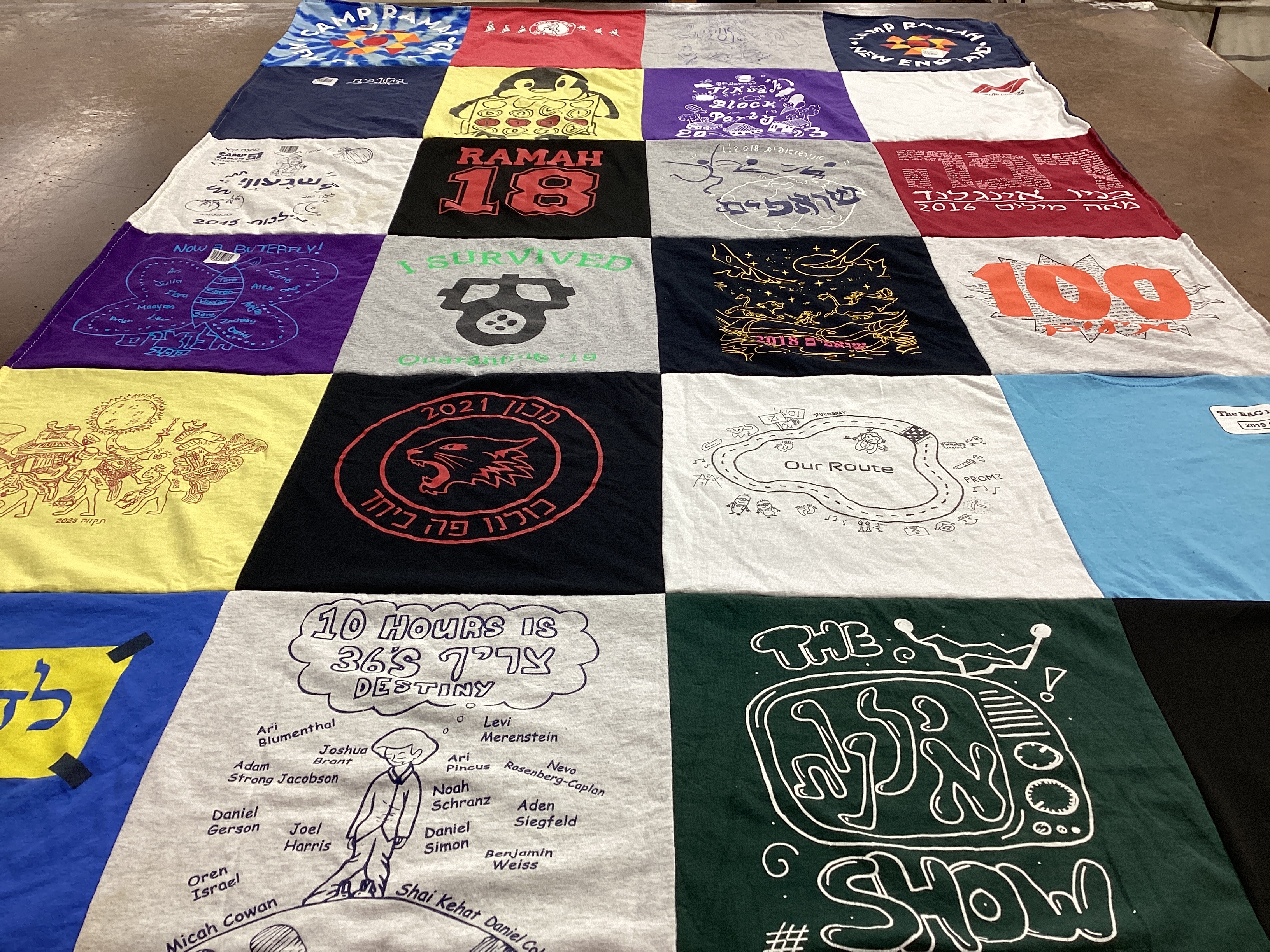 T-shirt quilt with camping, jewish culture themes by Yvonne from MD