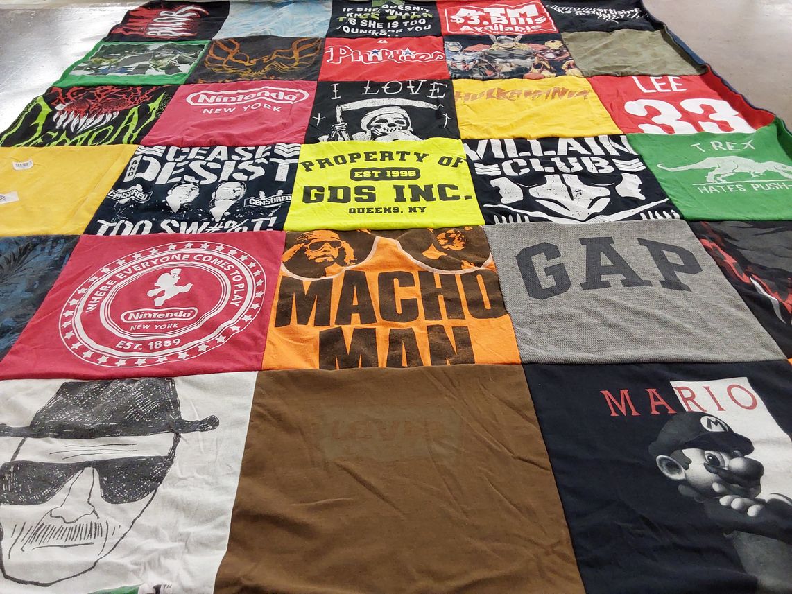 T-shirt quilt with video games, comic books themes by Michael from NY