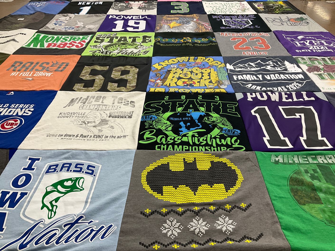 T-shirt quilt with fishing, vacation themes by Megan from MO