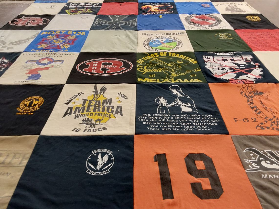 T-shirt quilt with military, aviation themes by Diedre from GA