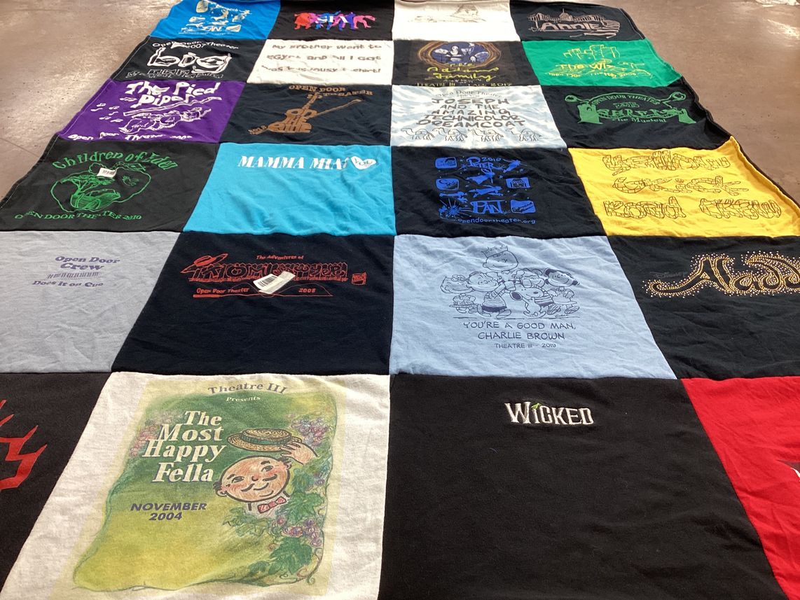 T-shirt quilt with theater, musicals themes by Alison from MA