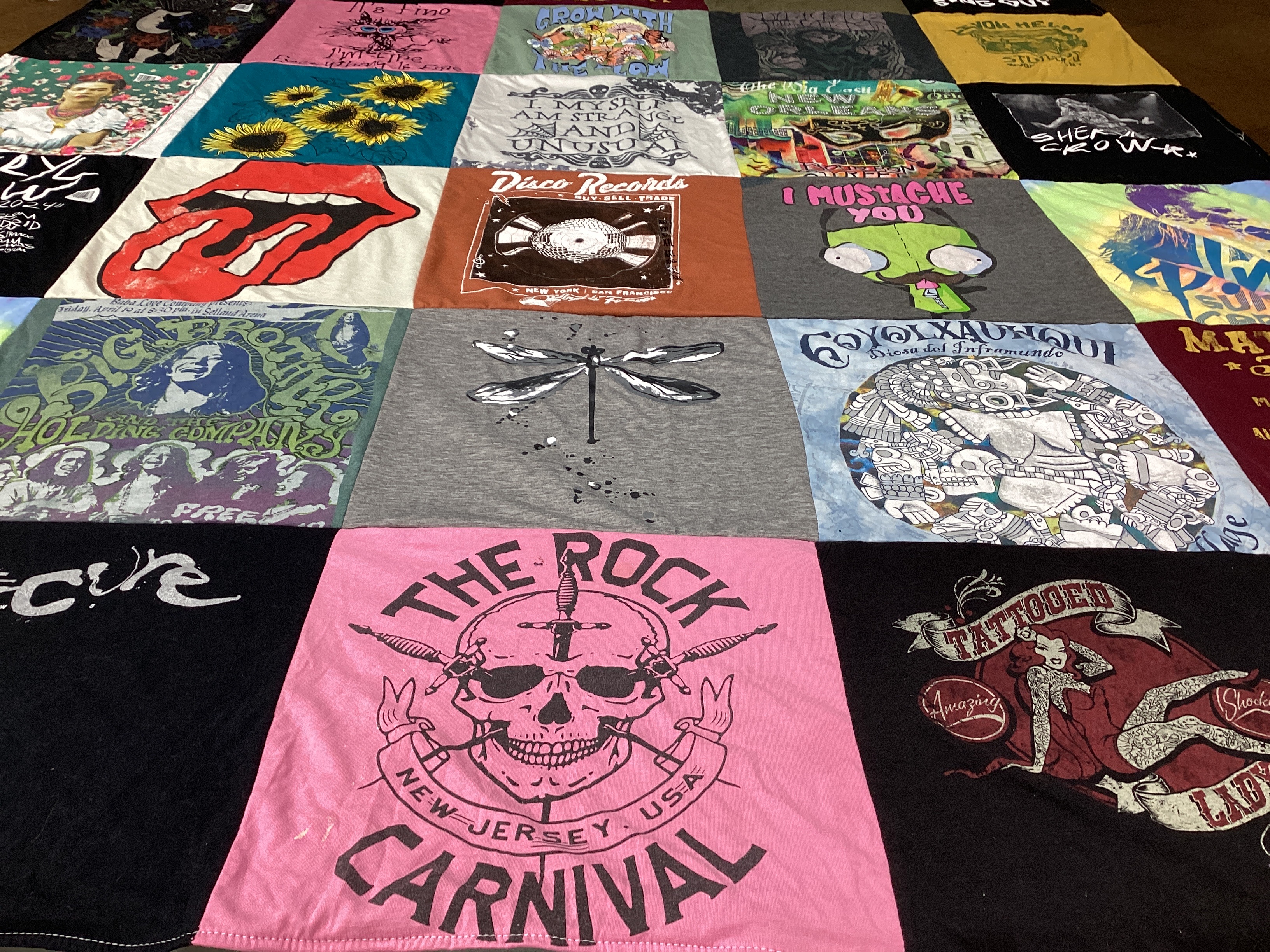 T-shirt quilt with music, tattoos themes by Traci from NJ