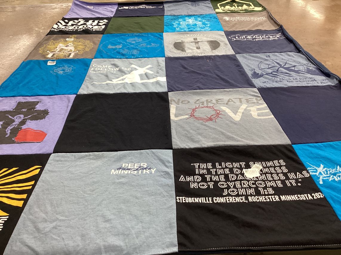 T-shirt quilt with faith, youth ministry themes by Tricia from MN