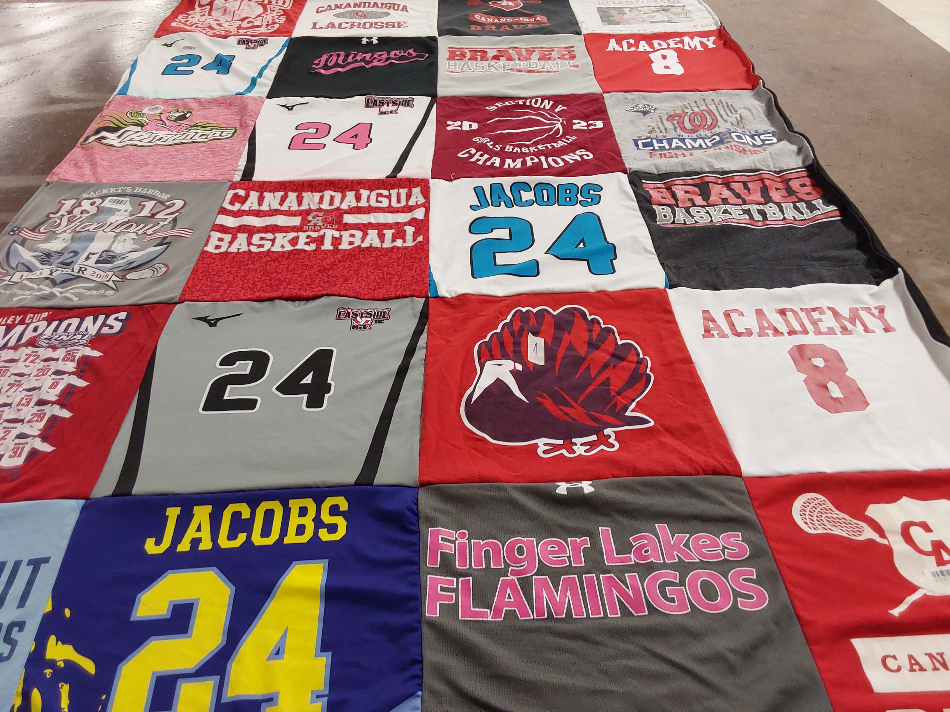 T-shirt quilt featuring canandaigua basketball, finger lakes flamingos by Christine from NY