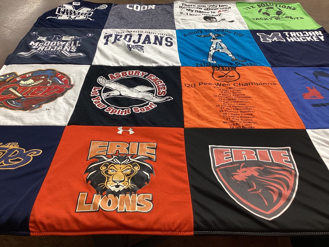 T-shirt quilt featuring erie raptors, asbury eagles by Tracey from PA