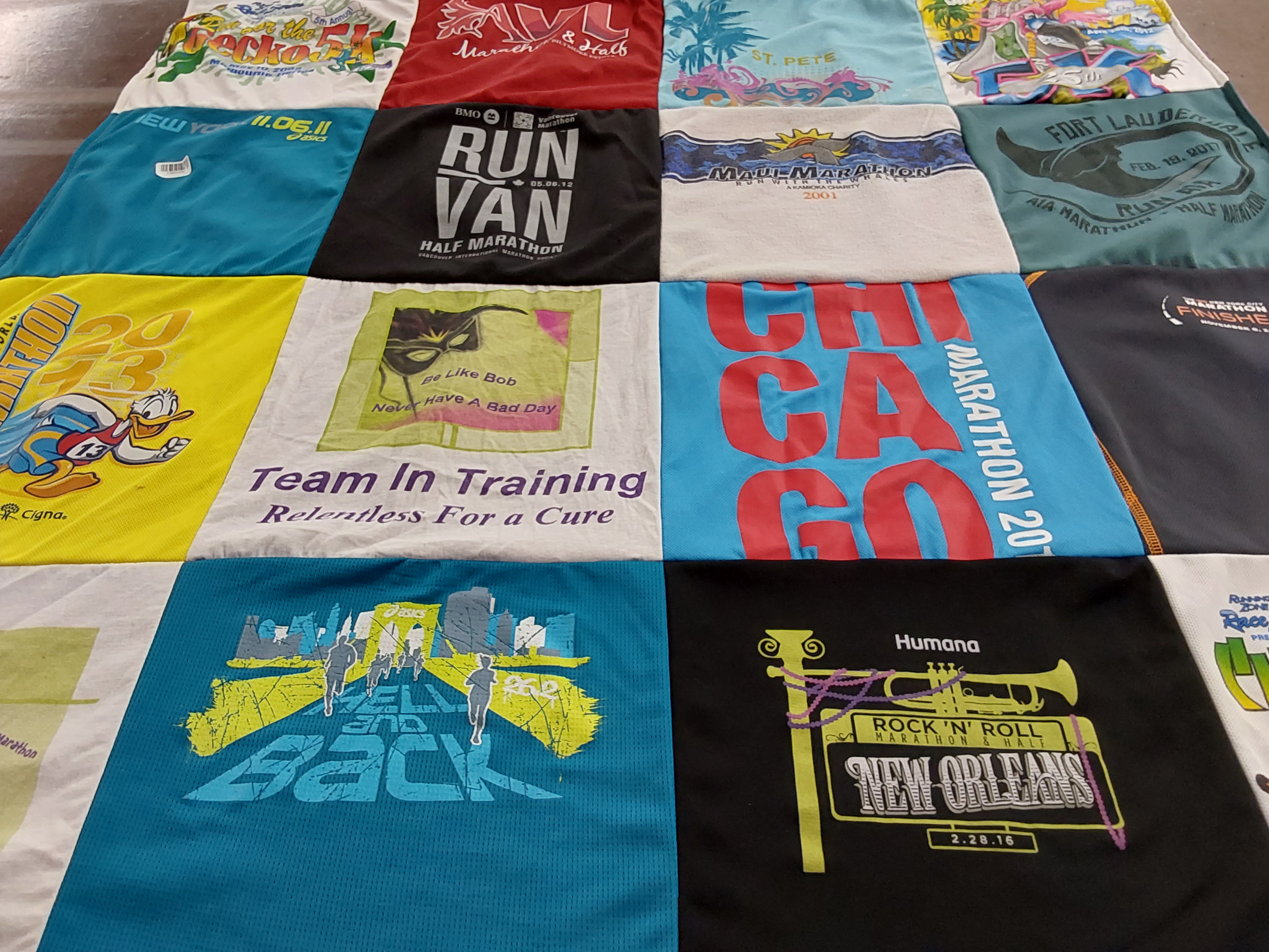 T-shirt quilt with running, marathons themes by Marla from OK