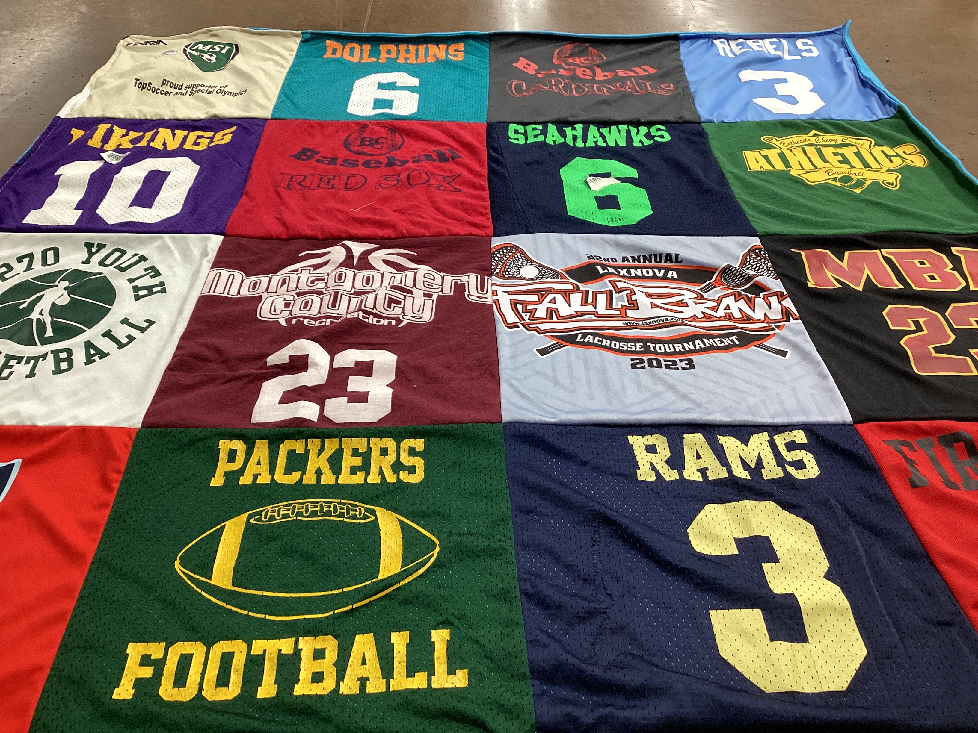 T-shirt quilt featuring dolphins, vikings by Monica from MD