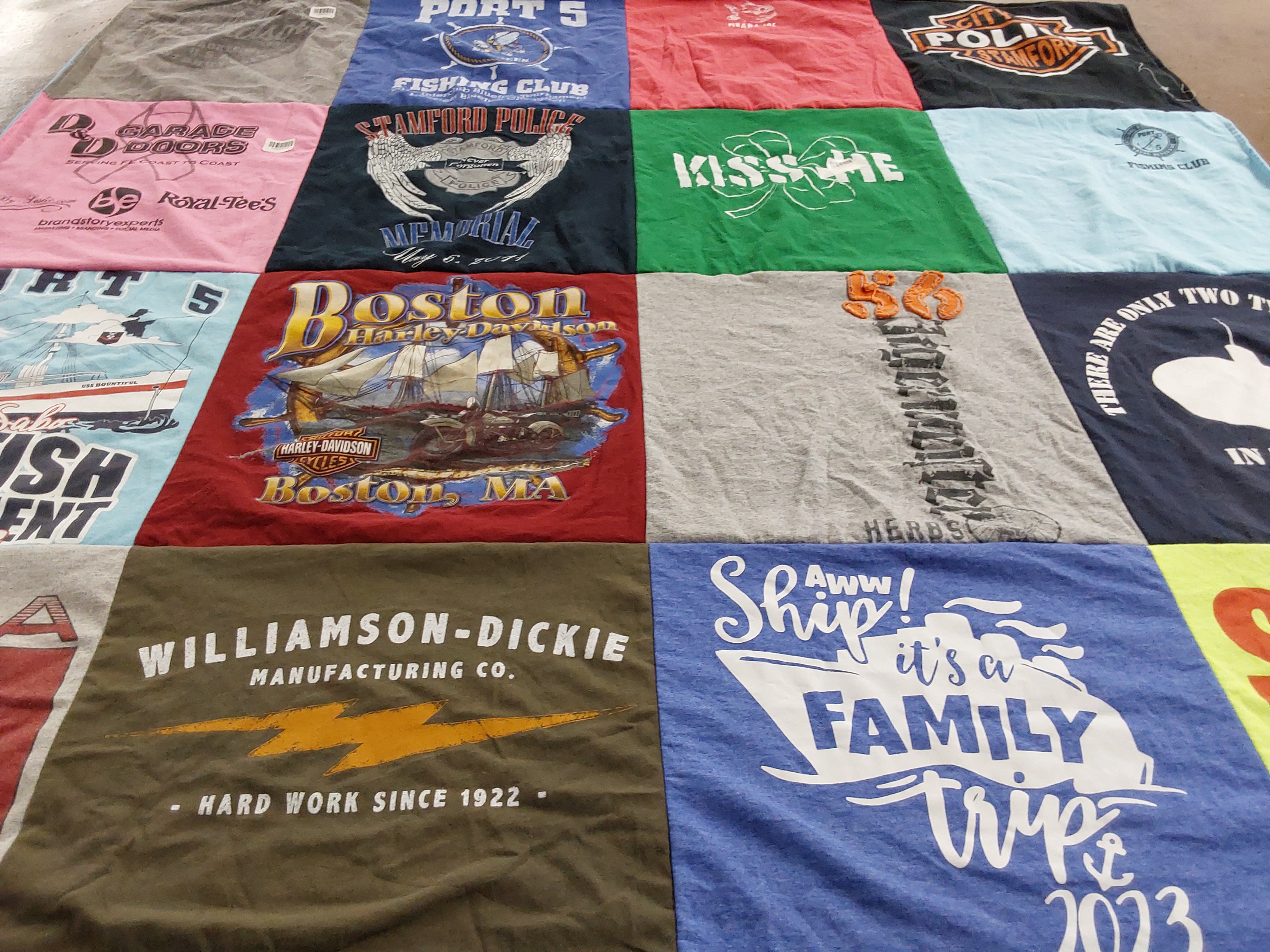 T-shirt quilt with fishing, motorcycles themes by Bo from CT
