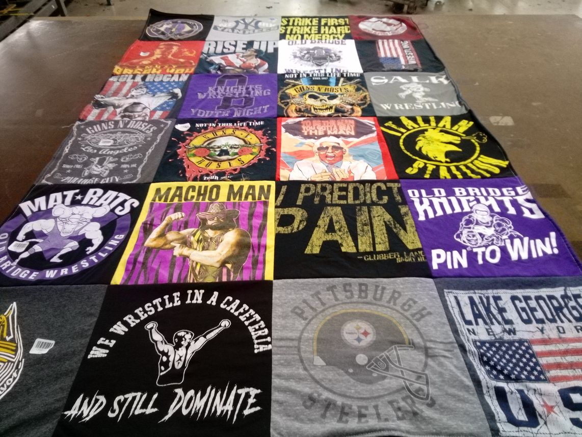 T-shirt quilt with wrestling, wrestling culture themes by Paula from NJ