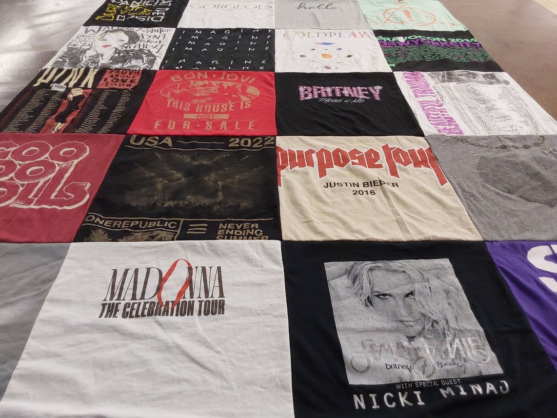 T-shirt quilt with music, concerts themes by Alison from PA