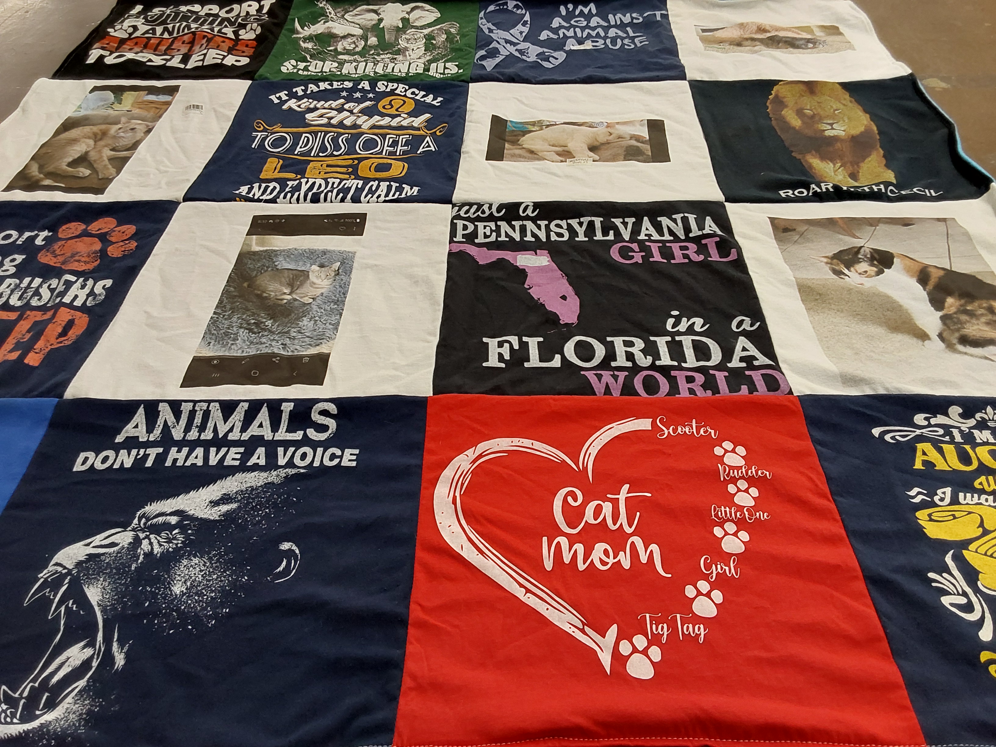 T-shirt quilt with animal welfare, cats themes by Melissa from FL
