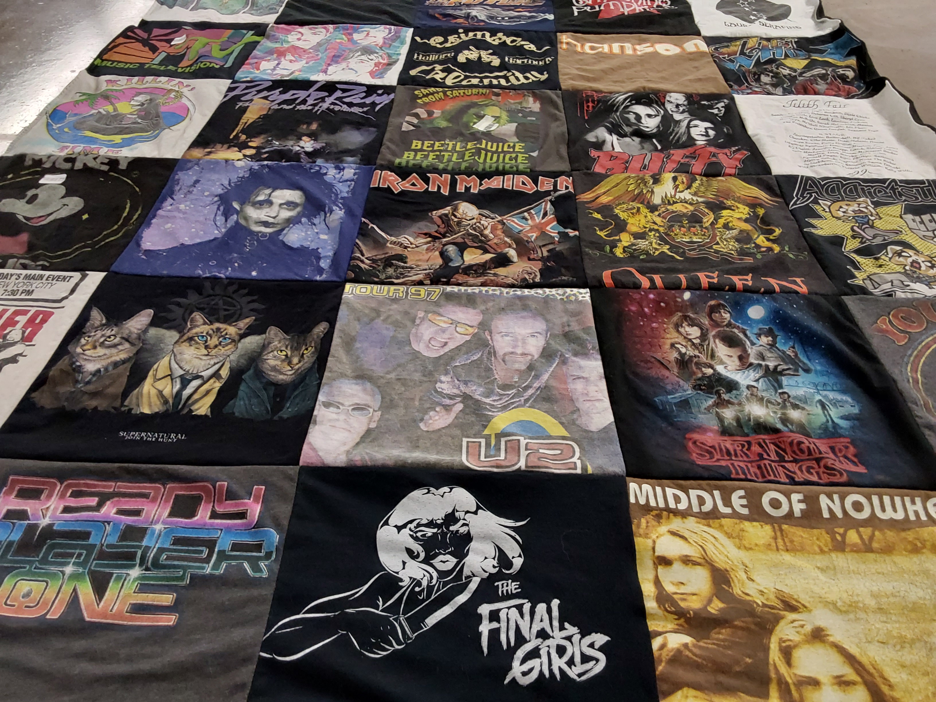 T-shirt quilt with music, movies themes by Lyndzie from IL