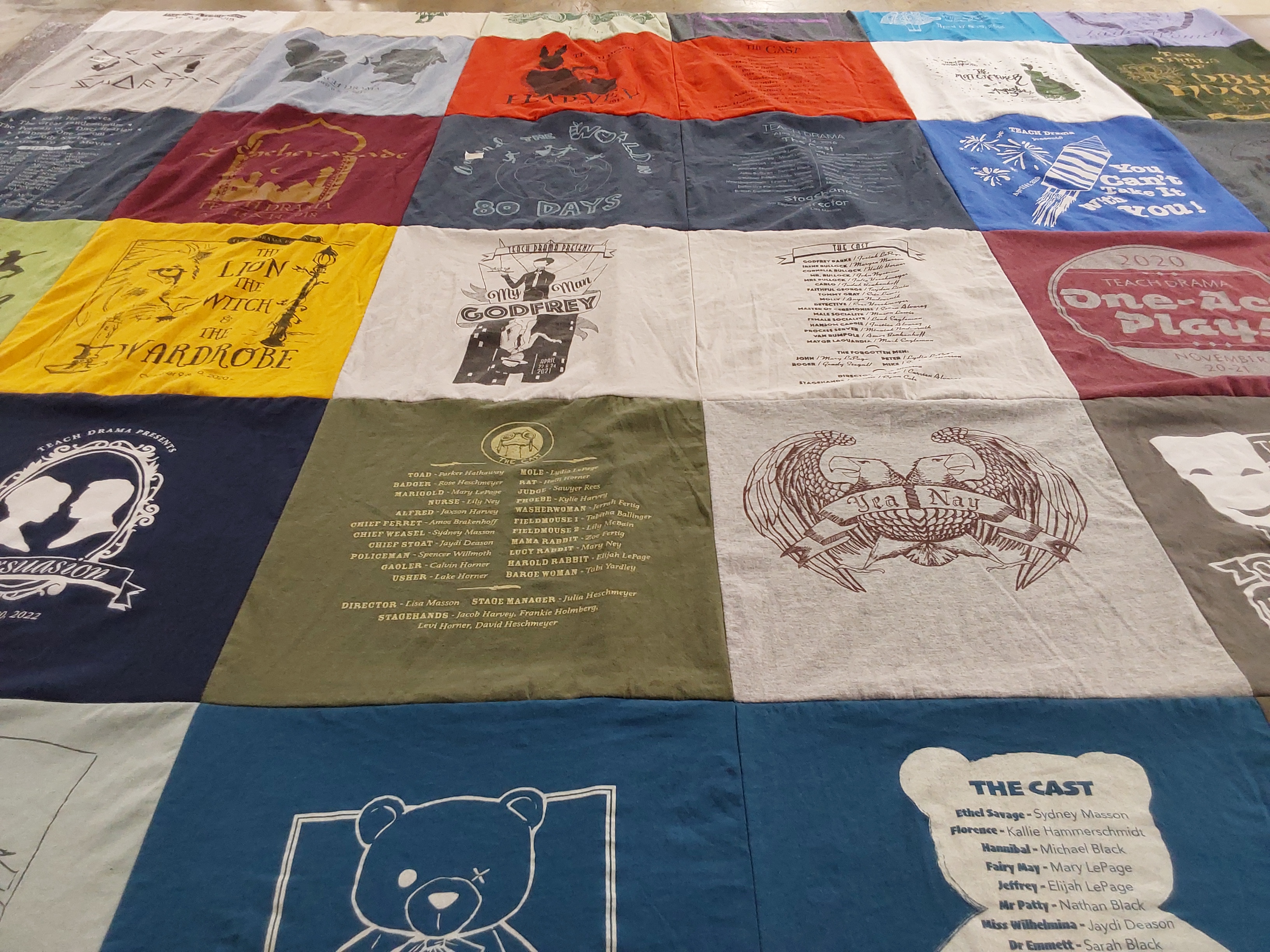 T-shirt quilt with theater, drama themes by Beth from MO