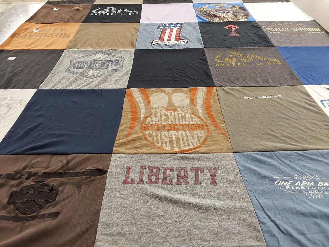 T-shirt quilt with motorcycles, cafe culture themes by Madeline from SC