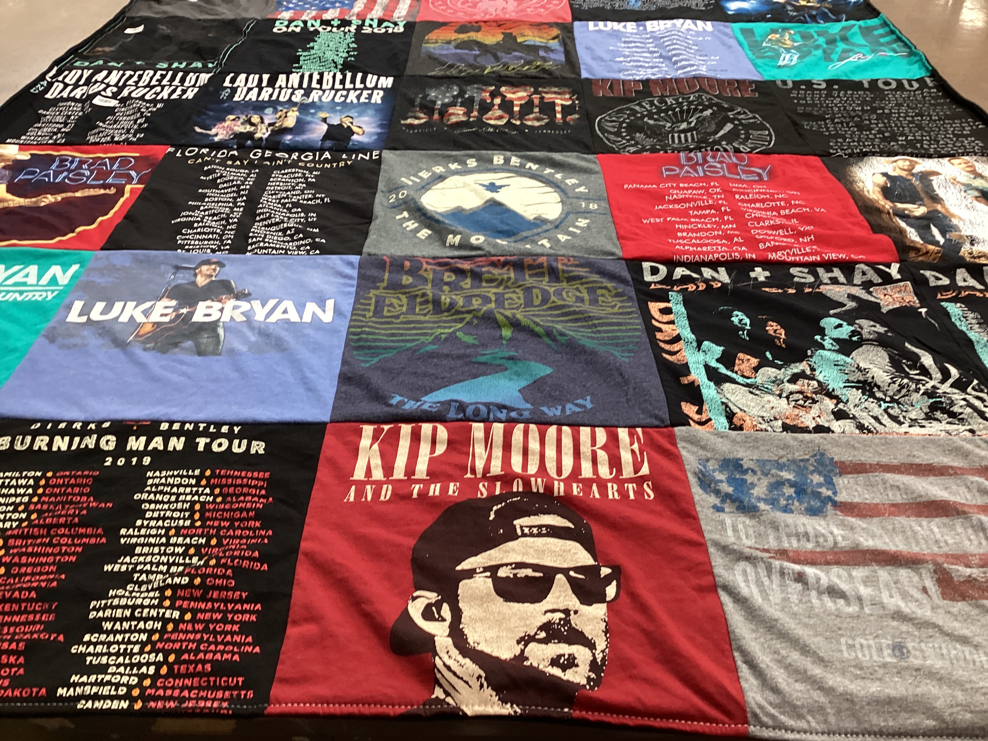 T-shirt quilt with country music, concerts themes by Laura from FL