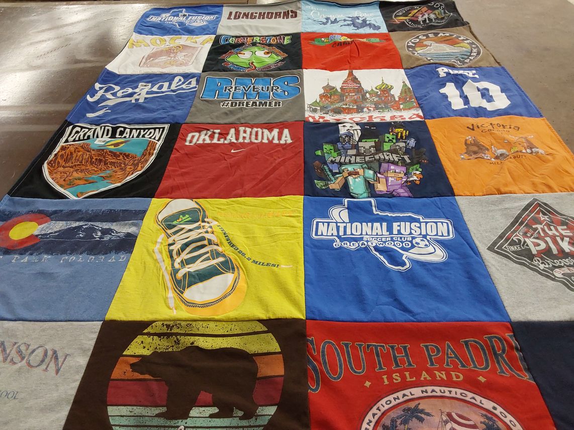 T-shirt quilt with soccer, video games themes by Alan from TX