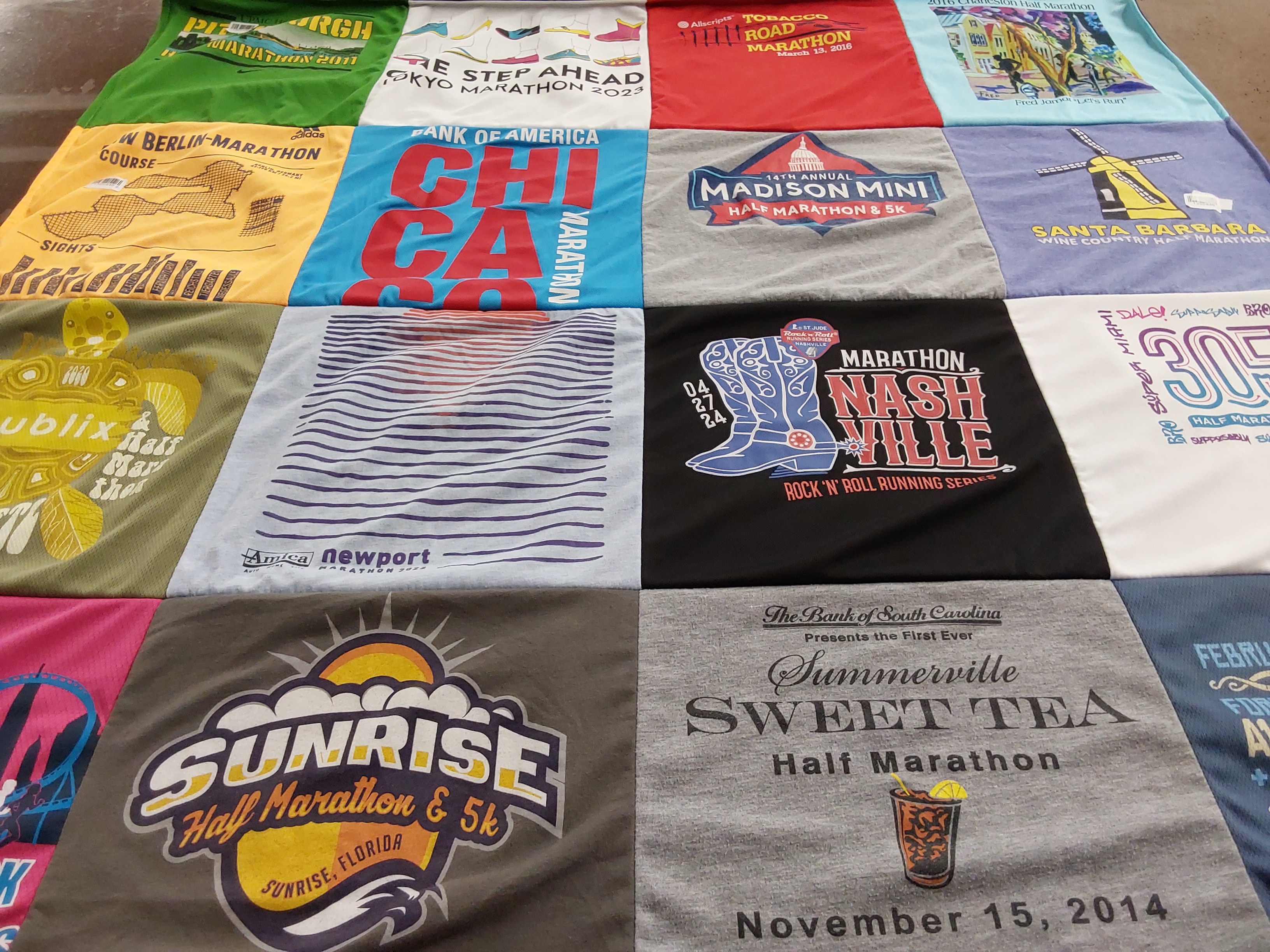 T-shirt quilt with running, marathons themes by Catherine from TN