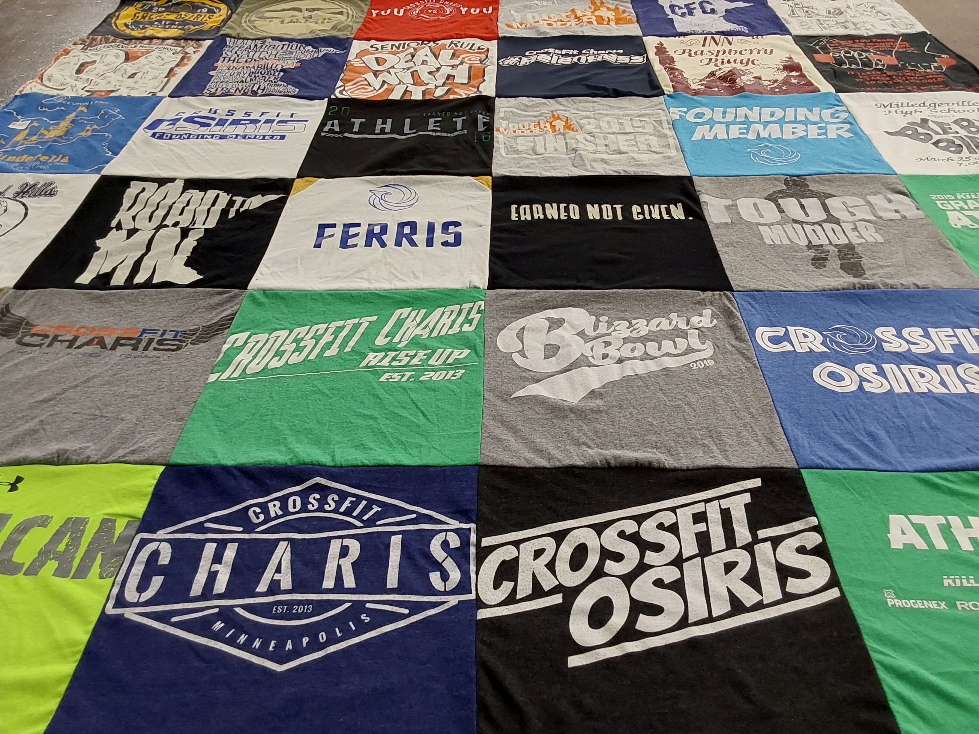 T-shirt quilt with crossfit, fitness themes by Heather from MN