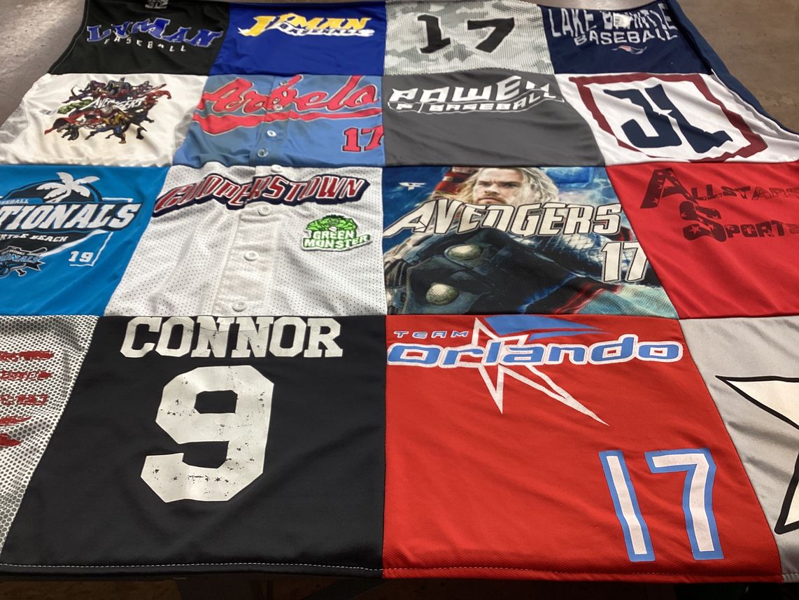 T-shirt quilt with baseball, marvel themes by Bridget from FL