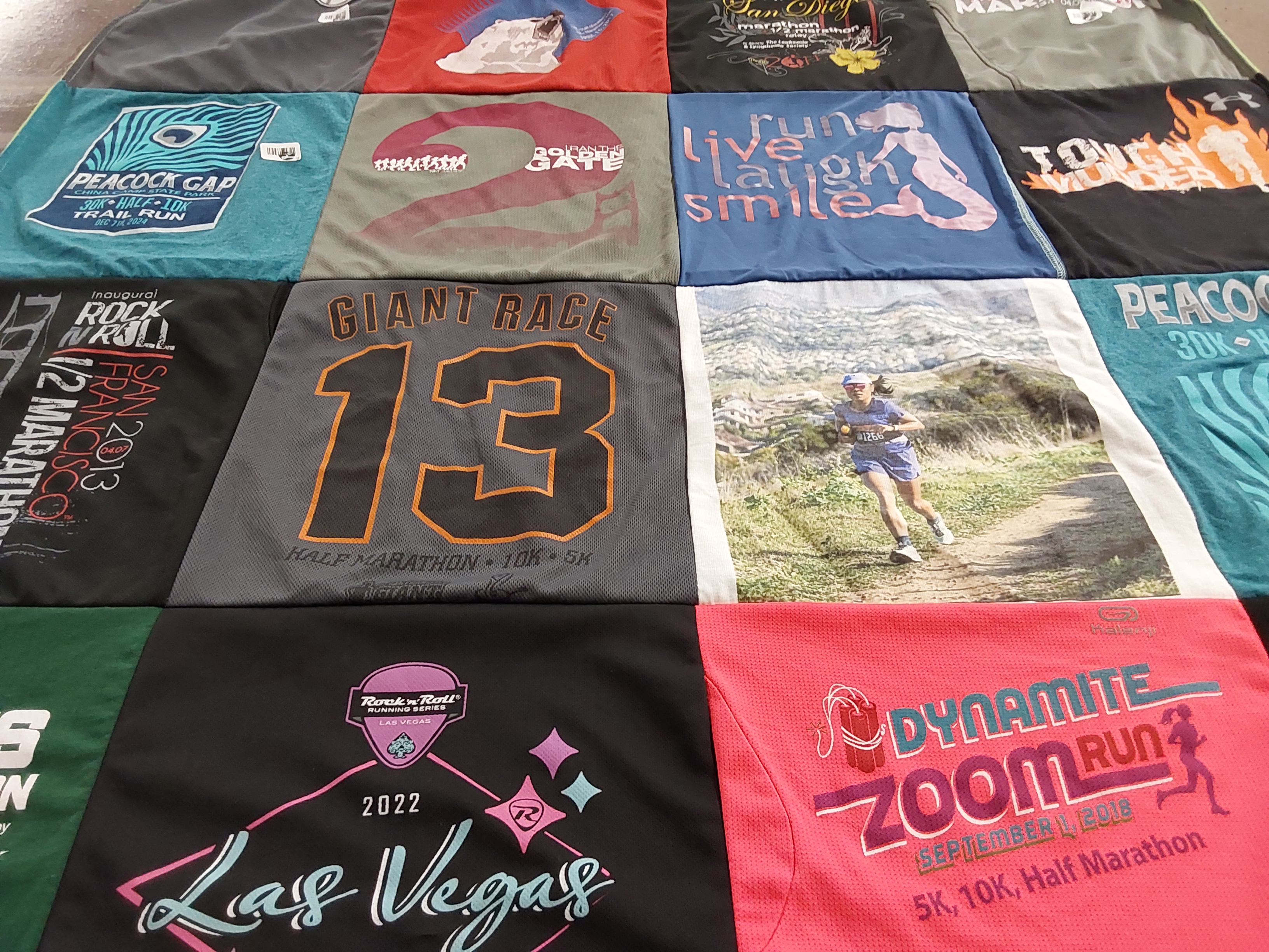 T-shirt quilt with running, marathons themes by Bibi from CA
