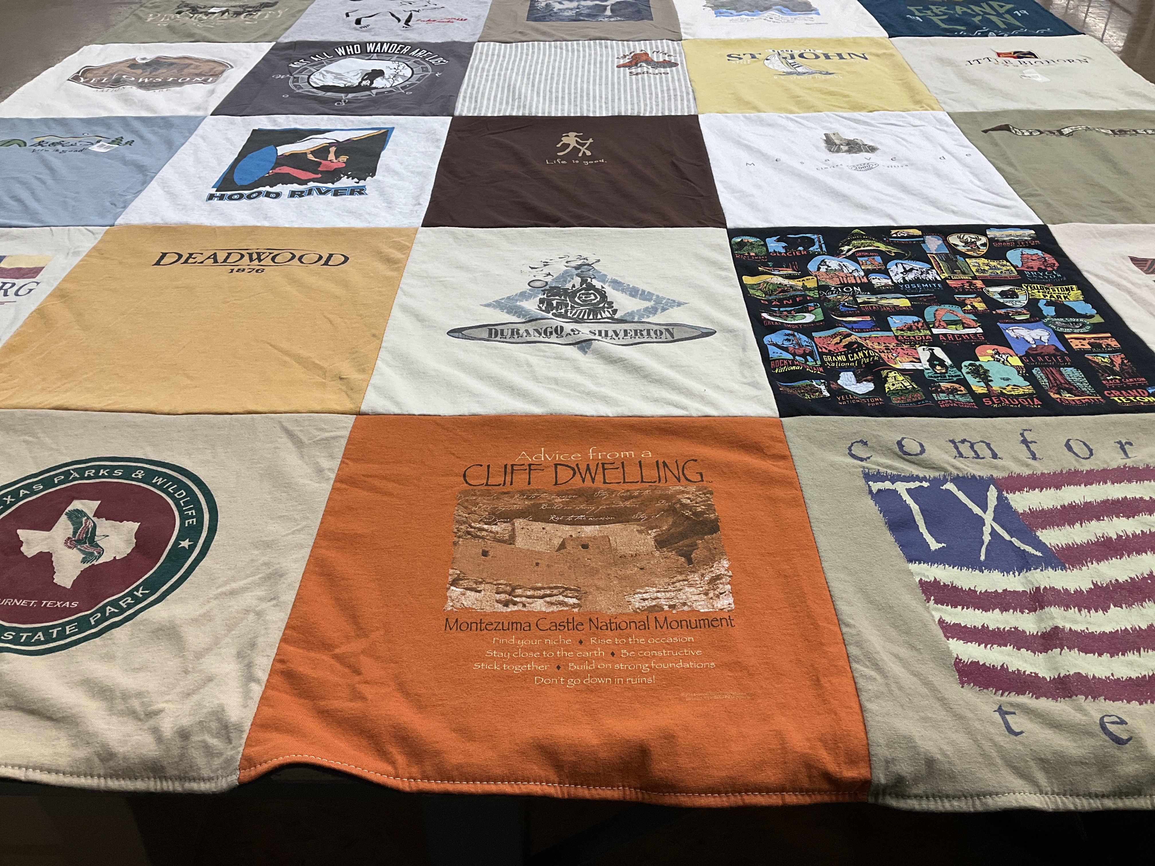 T-shirt quilt with outdoor activities, travel themes by Brent from TX