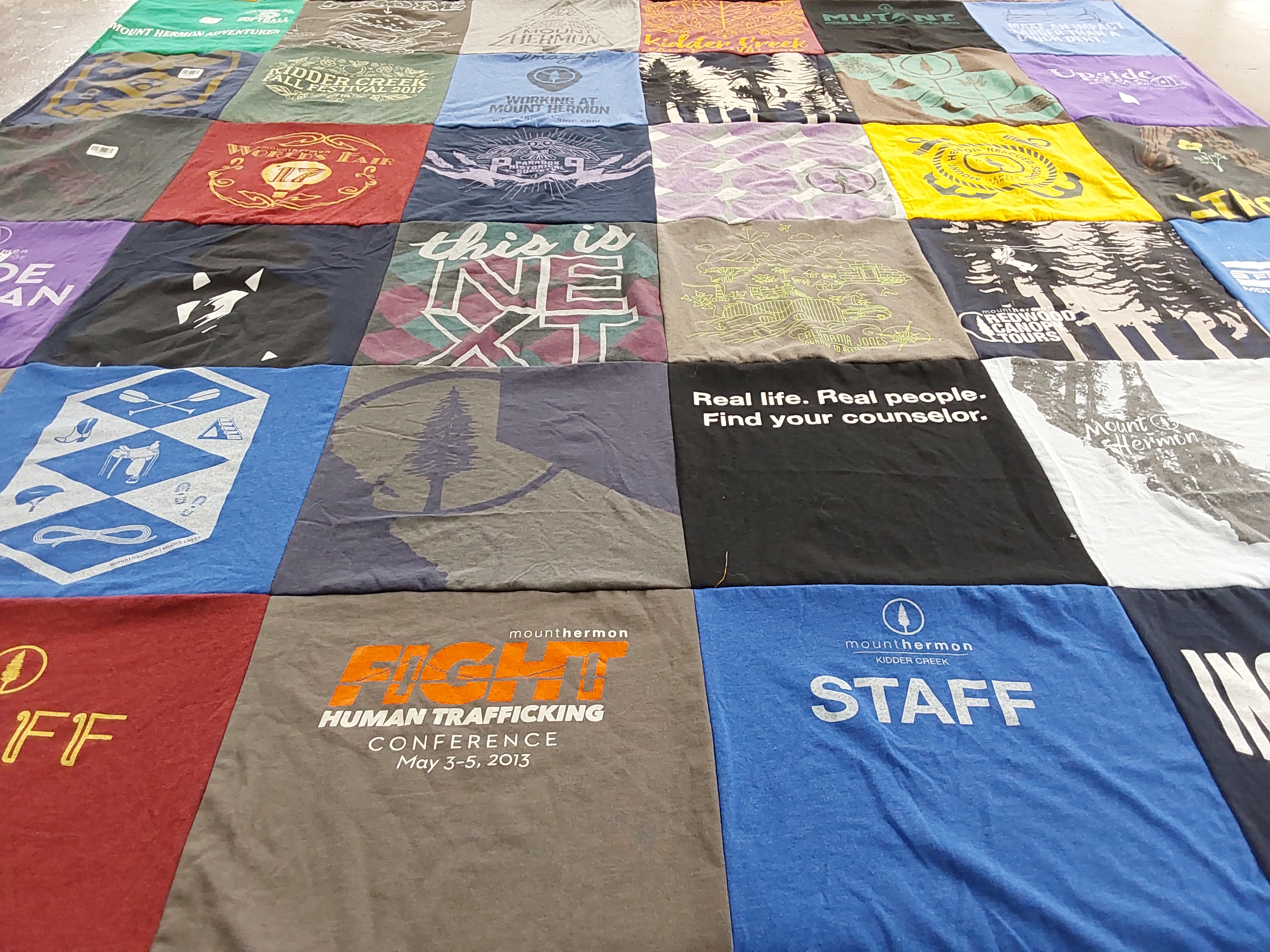 T-shirt quilt with human trafficking awareness, summer camp themes by Murphy from IN