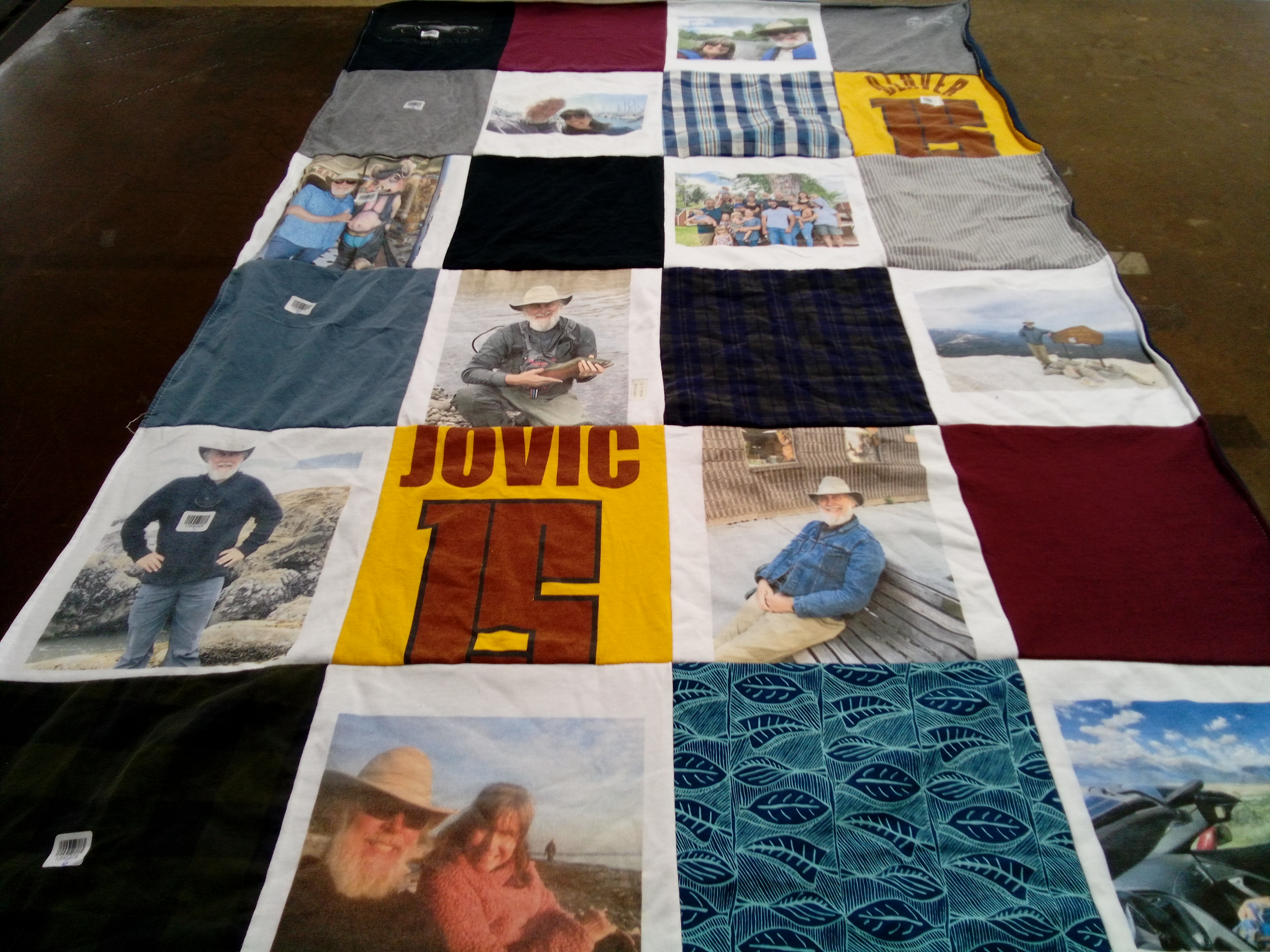 T-shirt quilt with outdoor activities, photography themes by Joan from CO