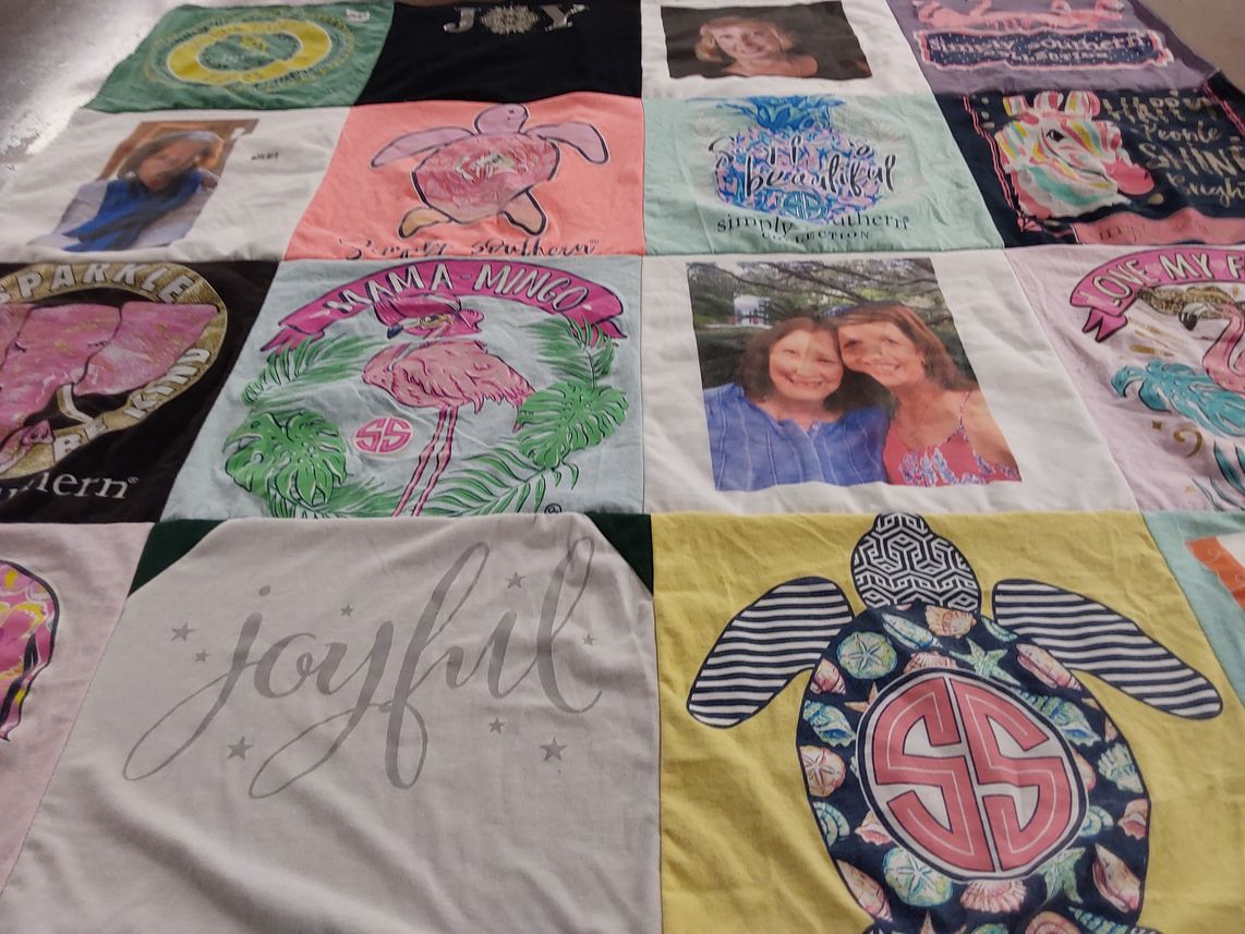 T-shirt quilt with flamingos, turtles themes by Karyn from FL