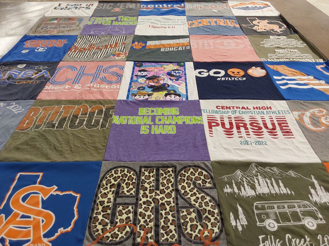 T-shirt quilt featuring bobcats cheerleading by Sherry from TX