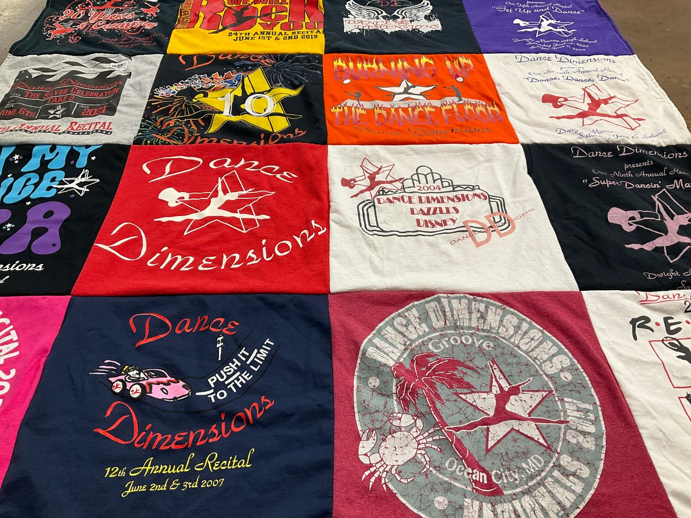 T-shirt quilt with dance, performing arts themes by Carol from NJ