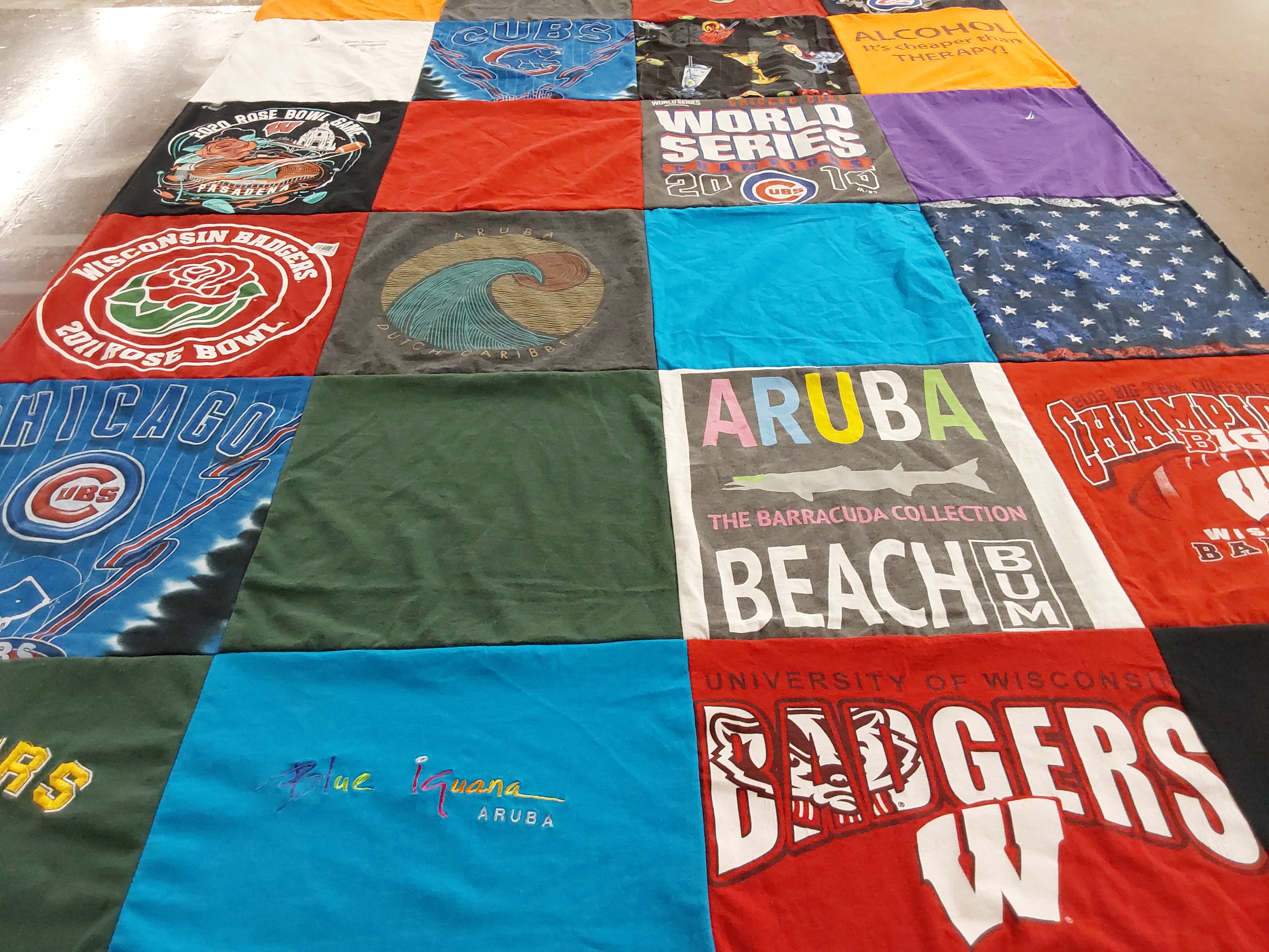 T-shirt quilt featuring chicago cubs, wisconsin badgers by Elizabeth from WI
