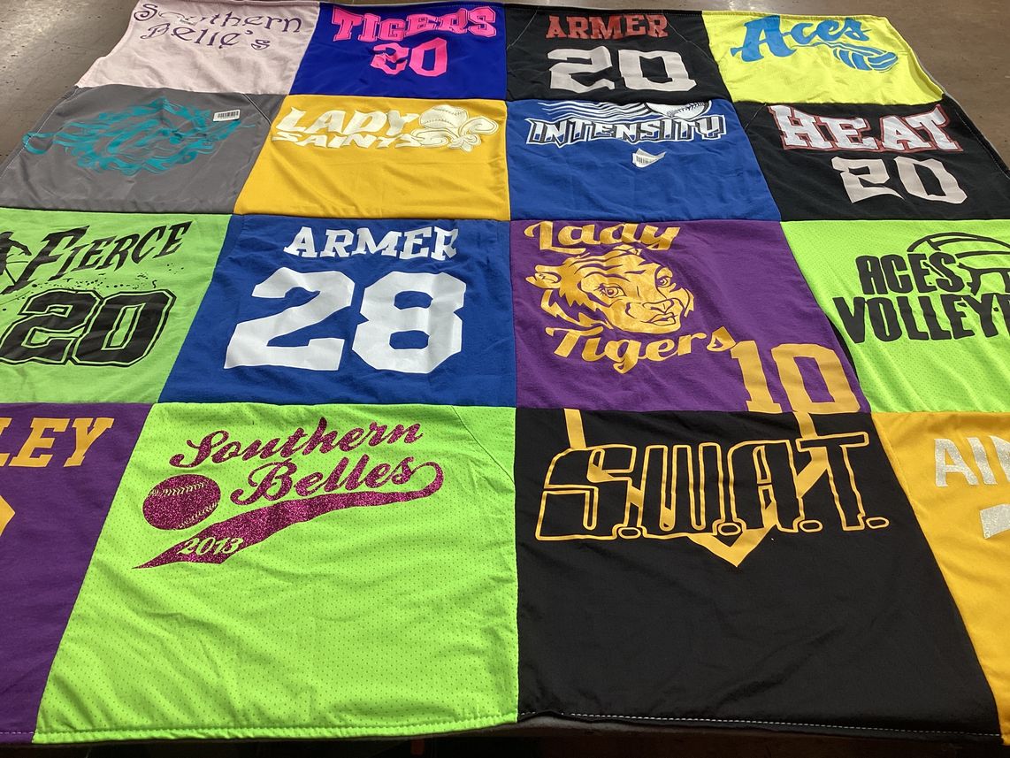 T-shirt quilt with sports, softball themes by Mindy from LA