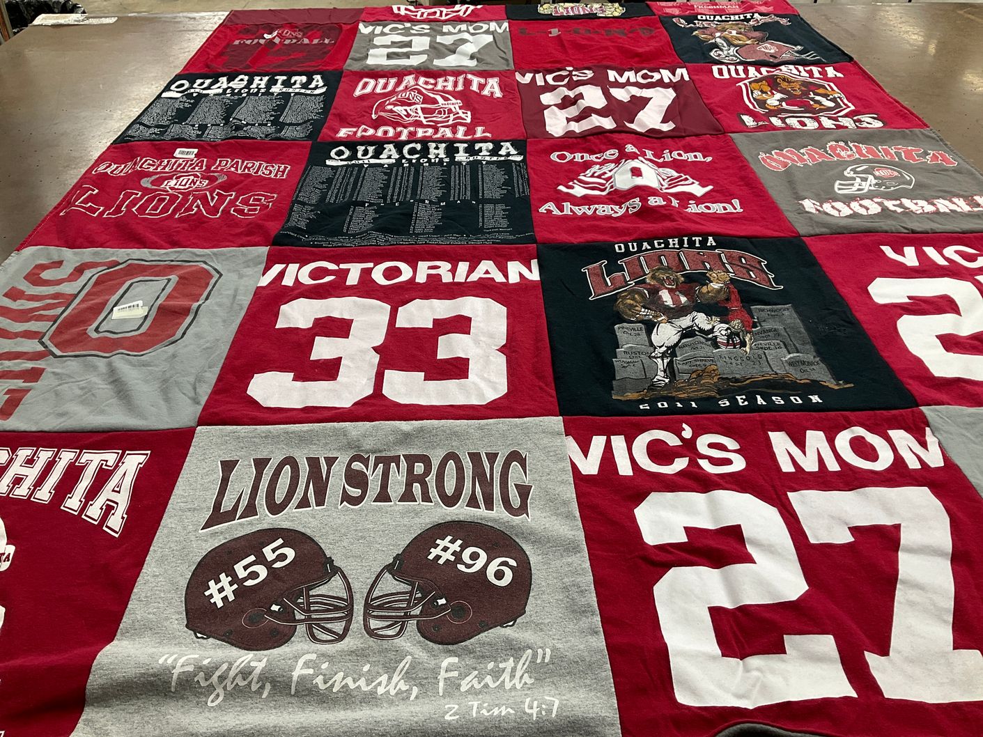 T-shirt quilt featuring quachita lions by Eileene from LA