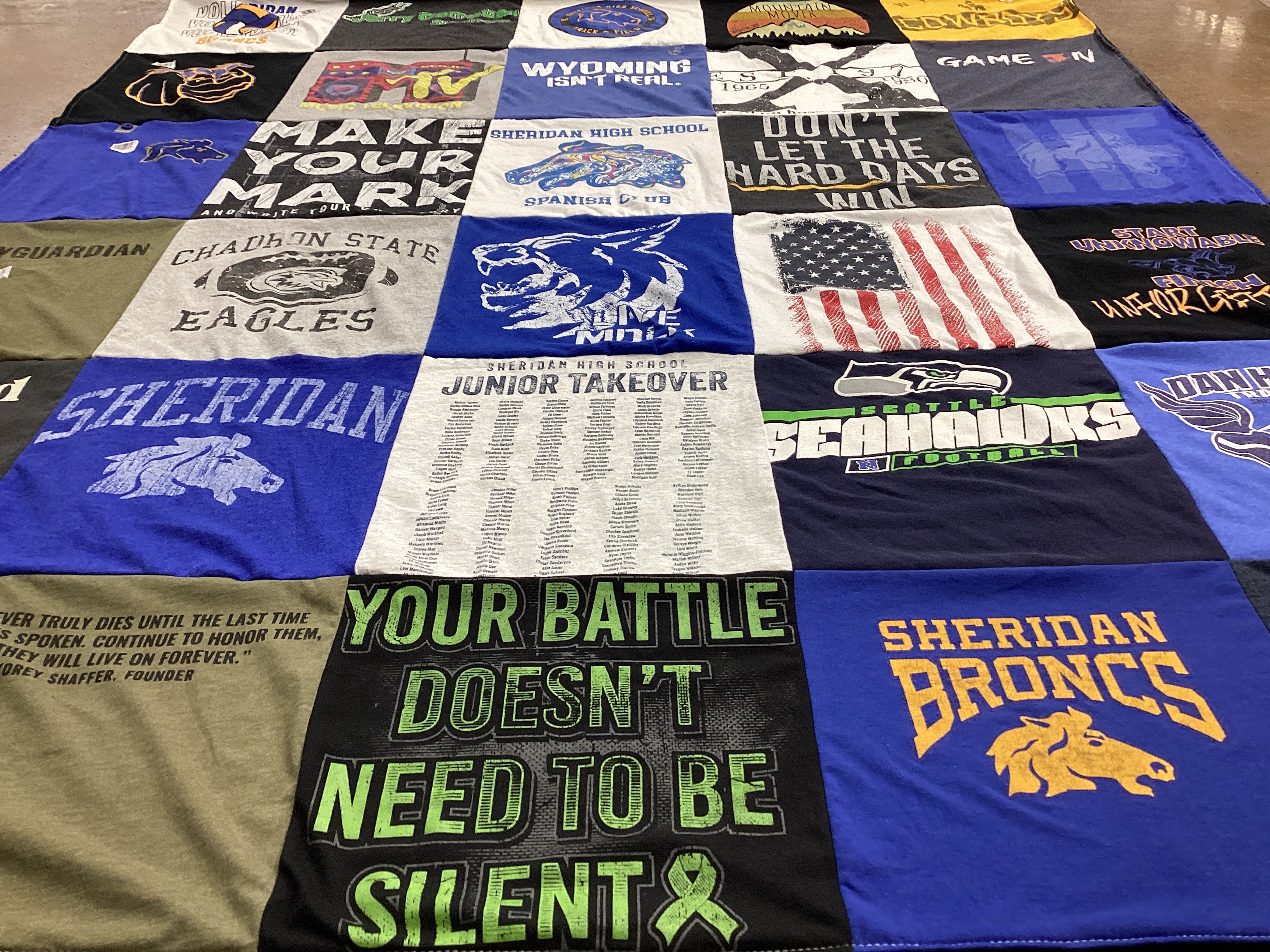 T-shirt quilt featuring seattle seahawks football, sheridan broncs by Tara from WY