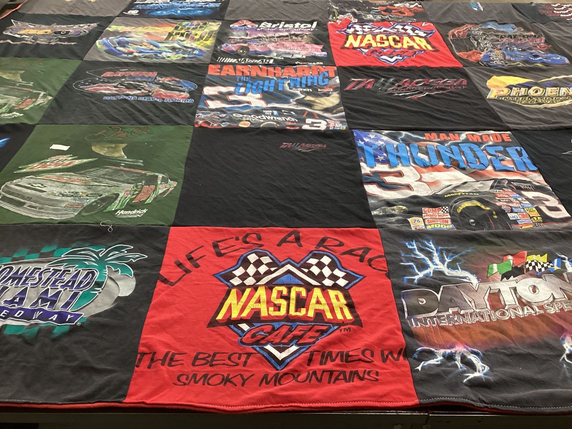 T-shirt quilt with auto racing, nascar themes by Dona from MI