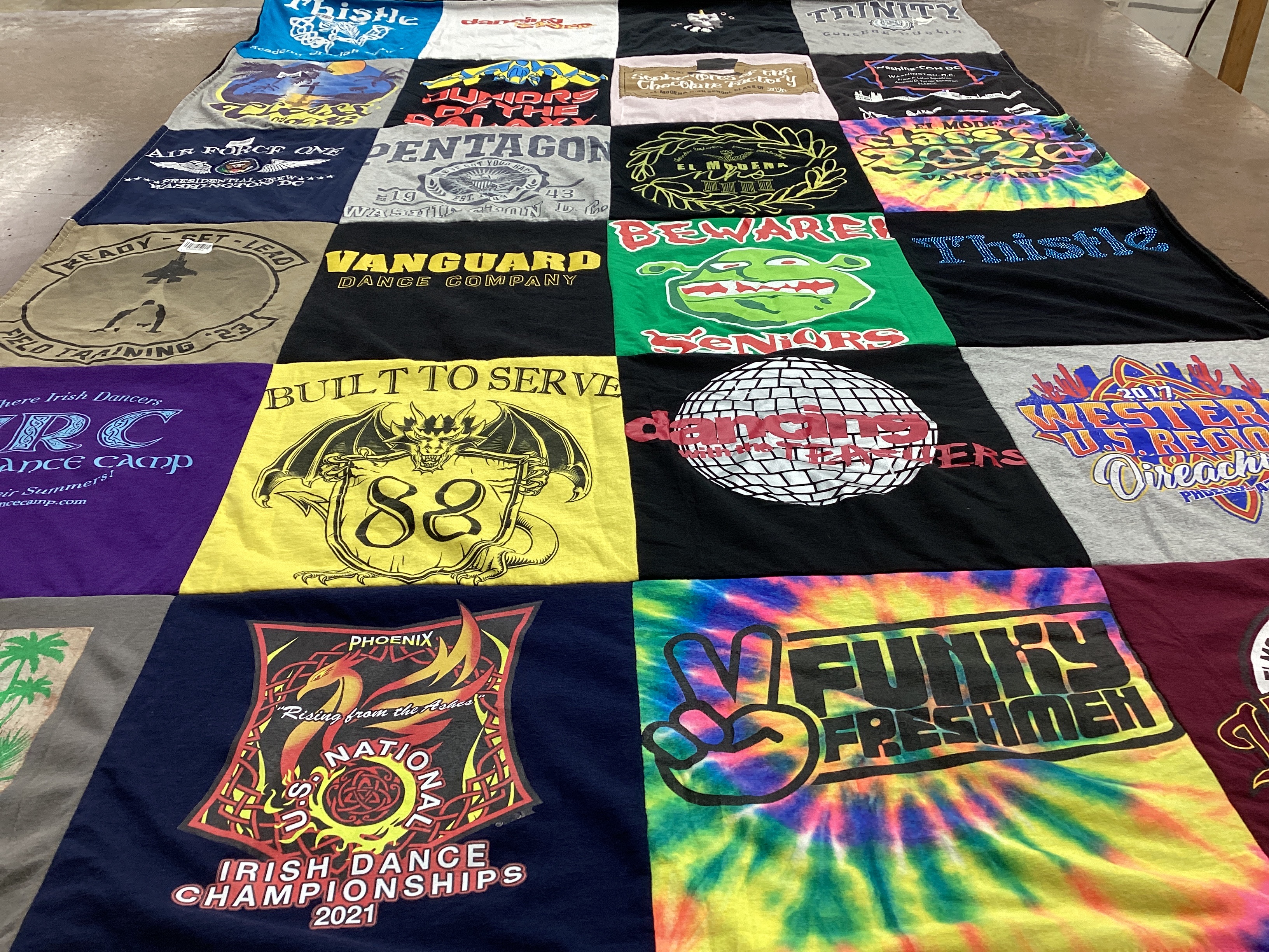 T-shirt quilt with dance, irish dance themes by Lilia from CA
