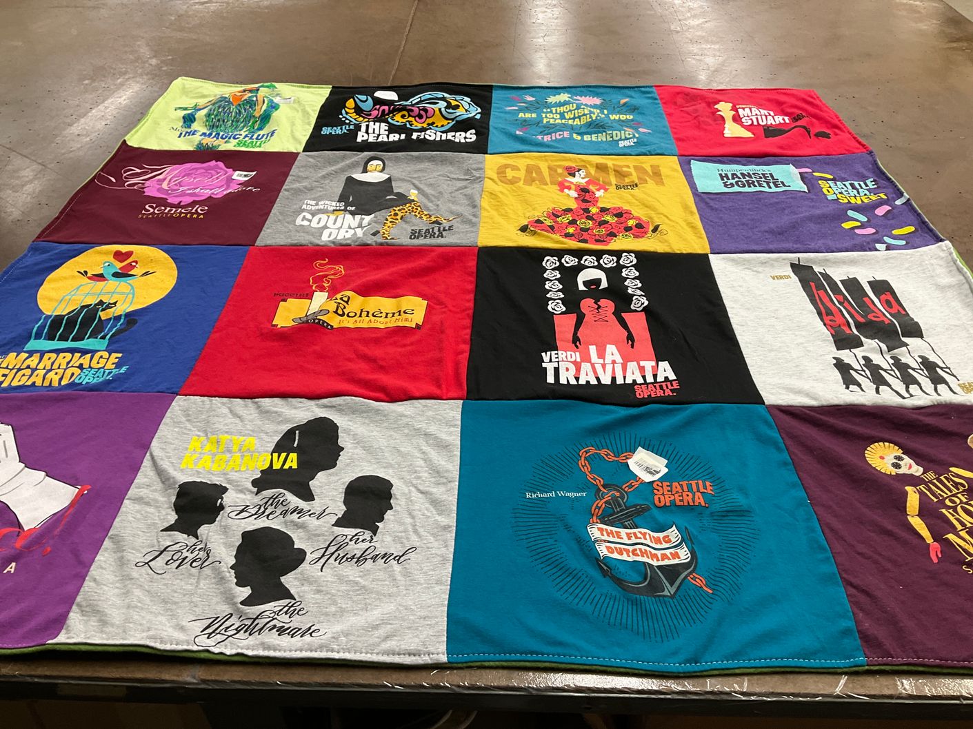 T-shirt quilt with opera, theater themes by Mary from WA