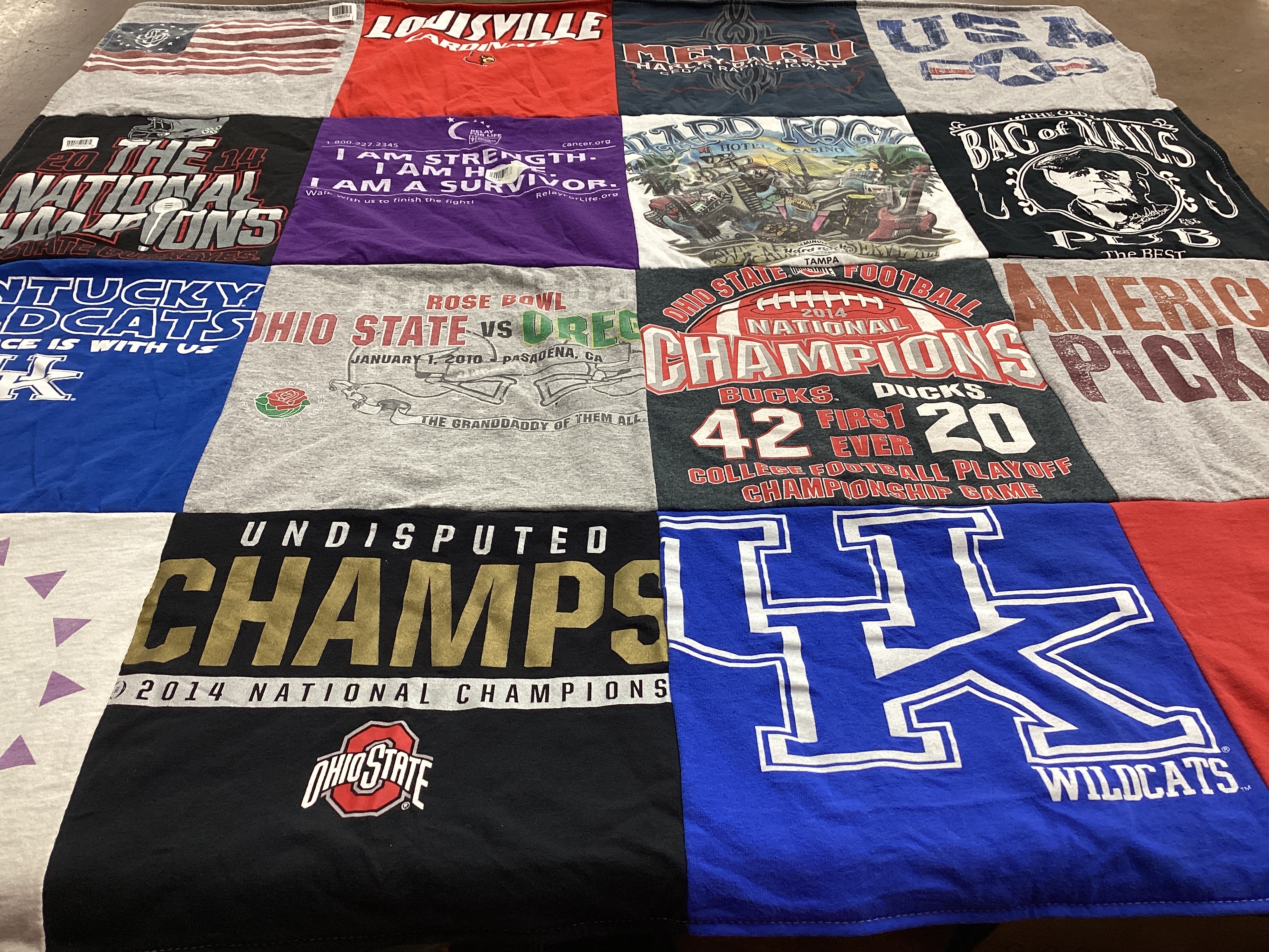 T-shirt quilt featuring kentucky wildcats, ohio state buckeyes by Carrie from OH
